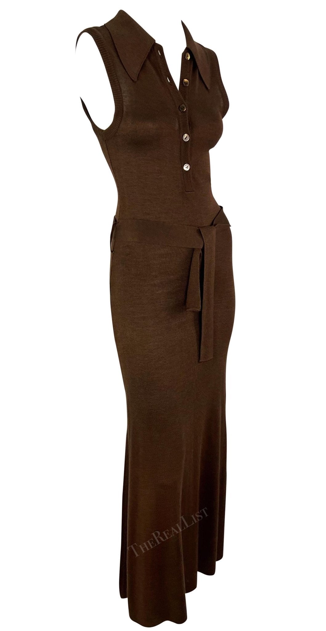 S/S 1996 Dolce & Gabbana Runway Brown Knit Bodycon Belted Maxi Collared Dress - RealList