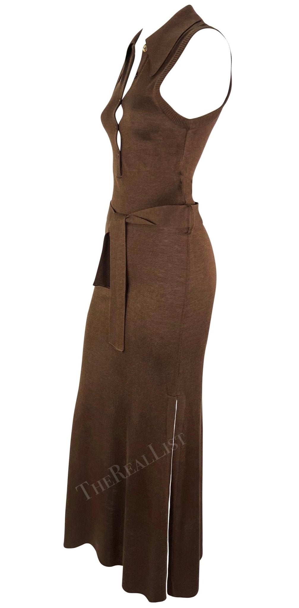 S/S 1996 Dolce & Gabbana Runway Brown Knit Bodycon Belted Maxi Collared Dress - RealList