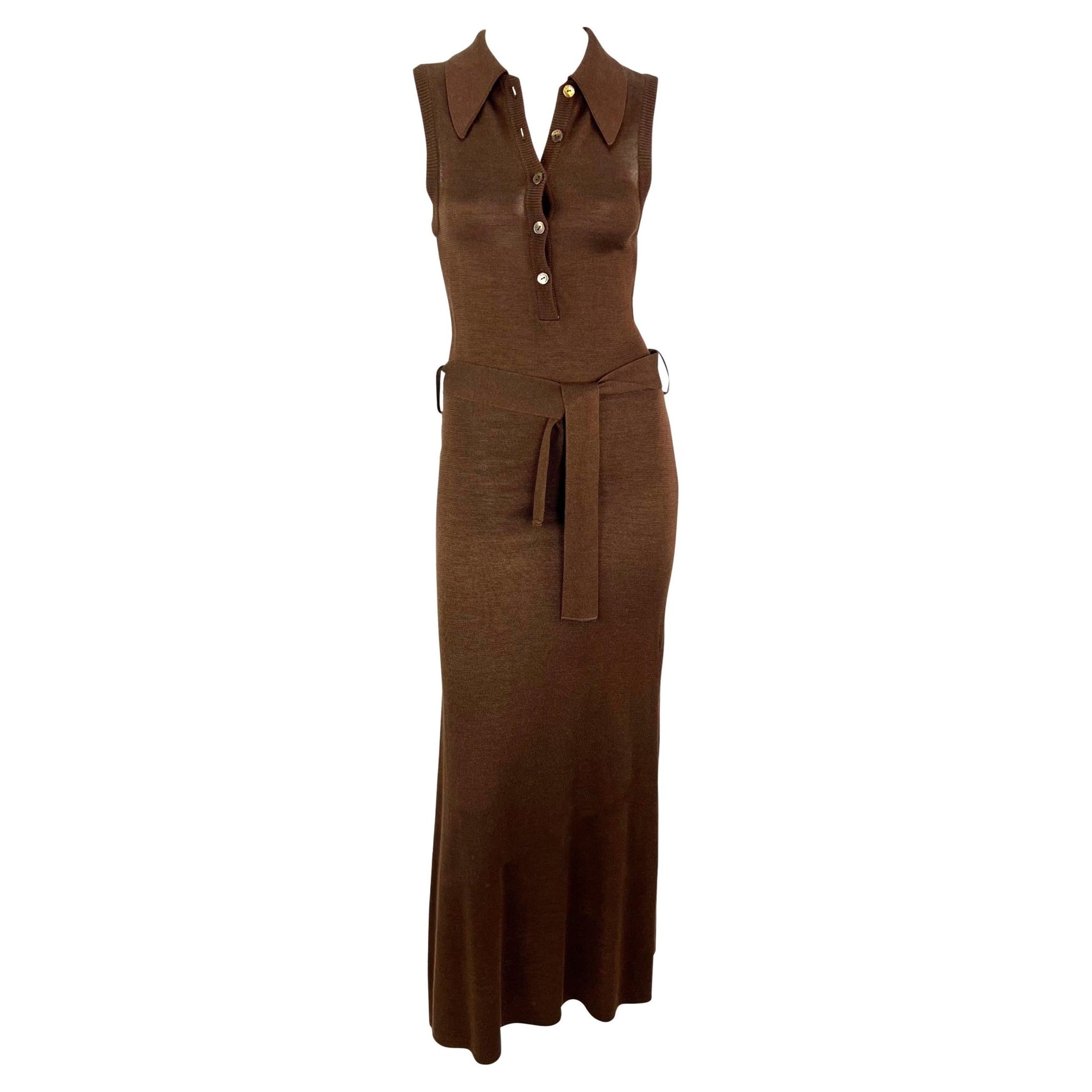 S/S 1996 Dolce & Gabbana Runway Brown Knit Bodycon Belted Maxi Collared Dress - RealList