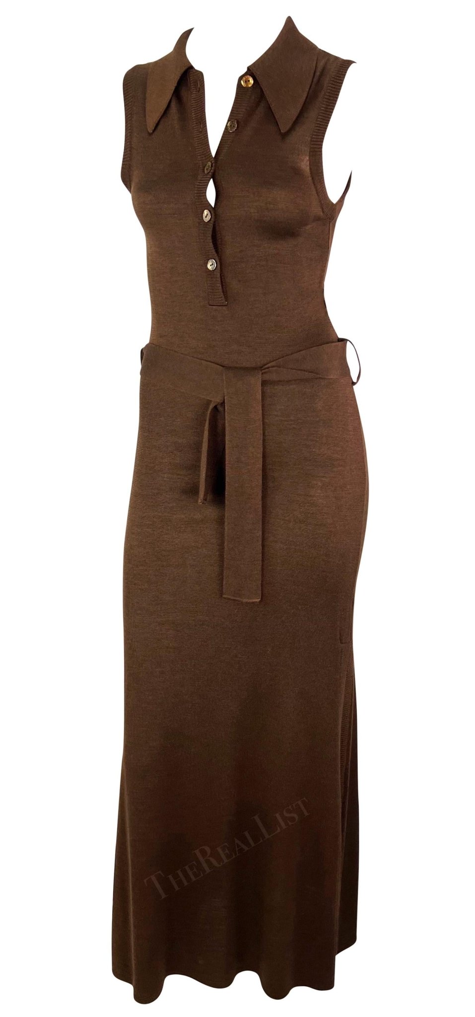 S/S 1996 Dolce & Gabbana Runway Brown Knit Bodycon Belted Maxi Collared Dress - RealList