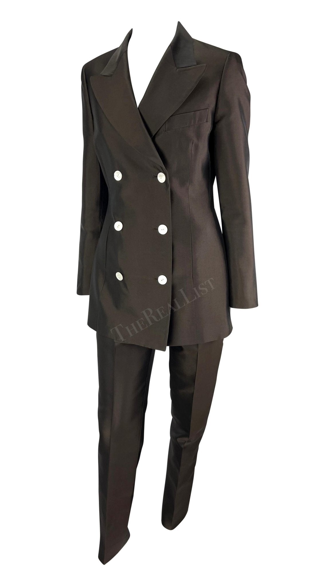 S/S 1996 Dolce & Gabbana Runway Brown Silk Double Breasted Pantsuit - RealList