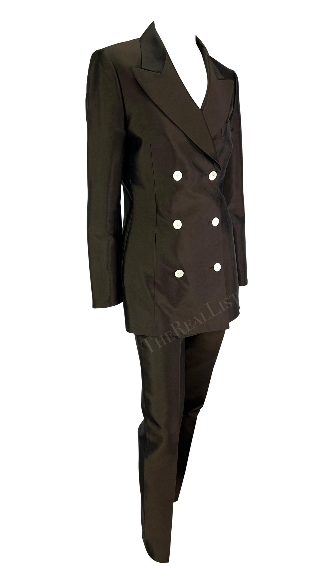 S/S 1996 Dolce & Gabbana Runway Brown Silk Double Breasted Pantsuit - RealList