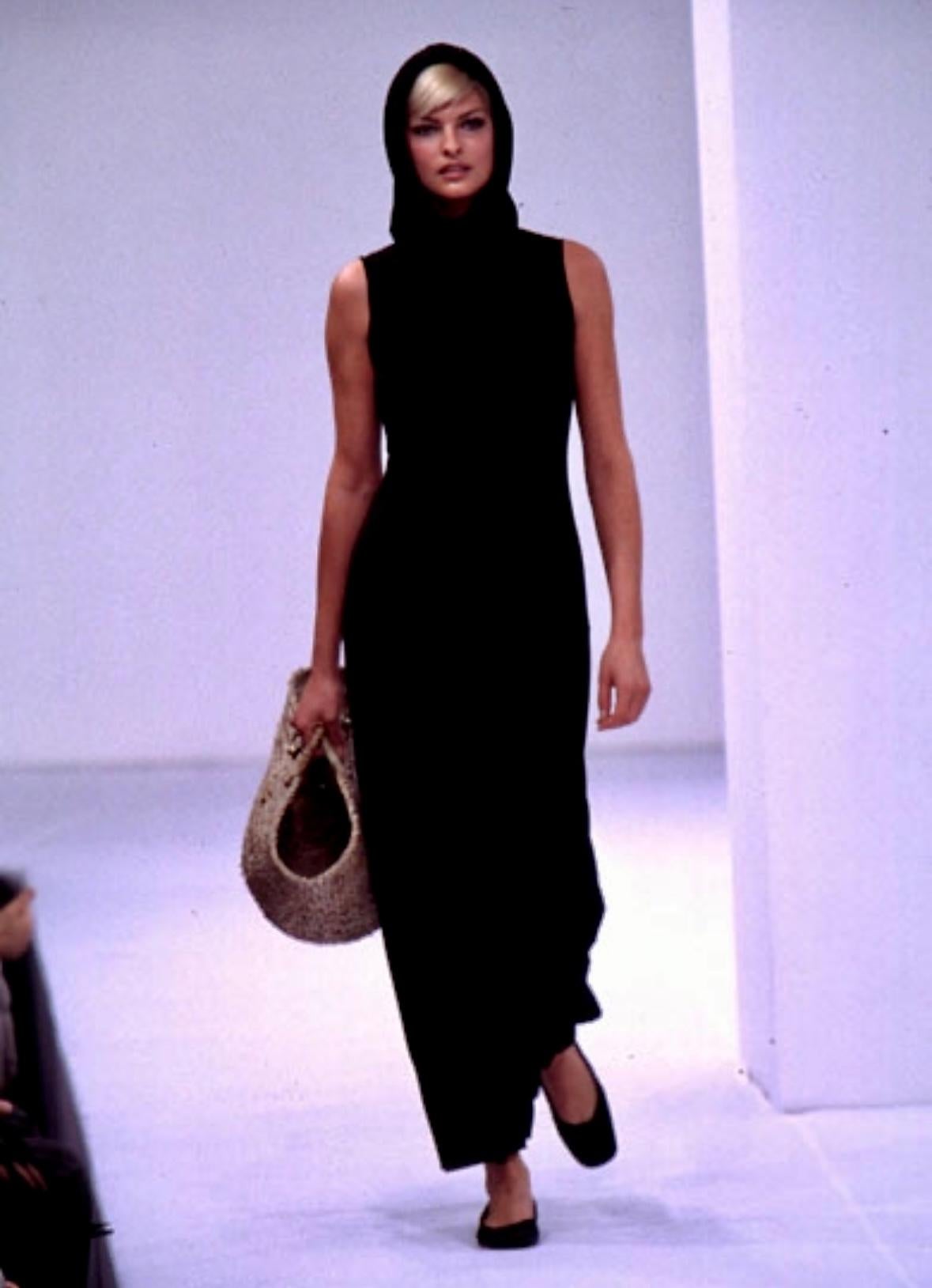 S/S 1996 Dolce & Gabbana Runway Hooded Stretch Black High Slit Dress - RealList