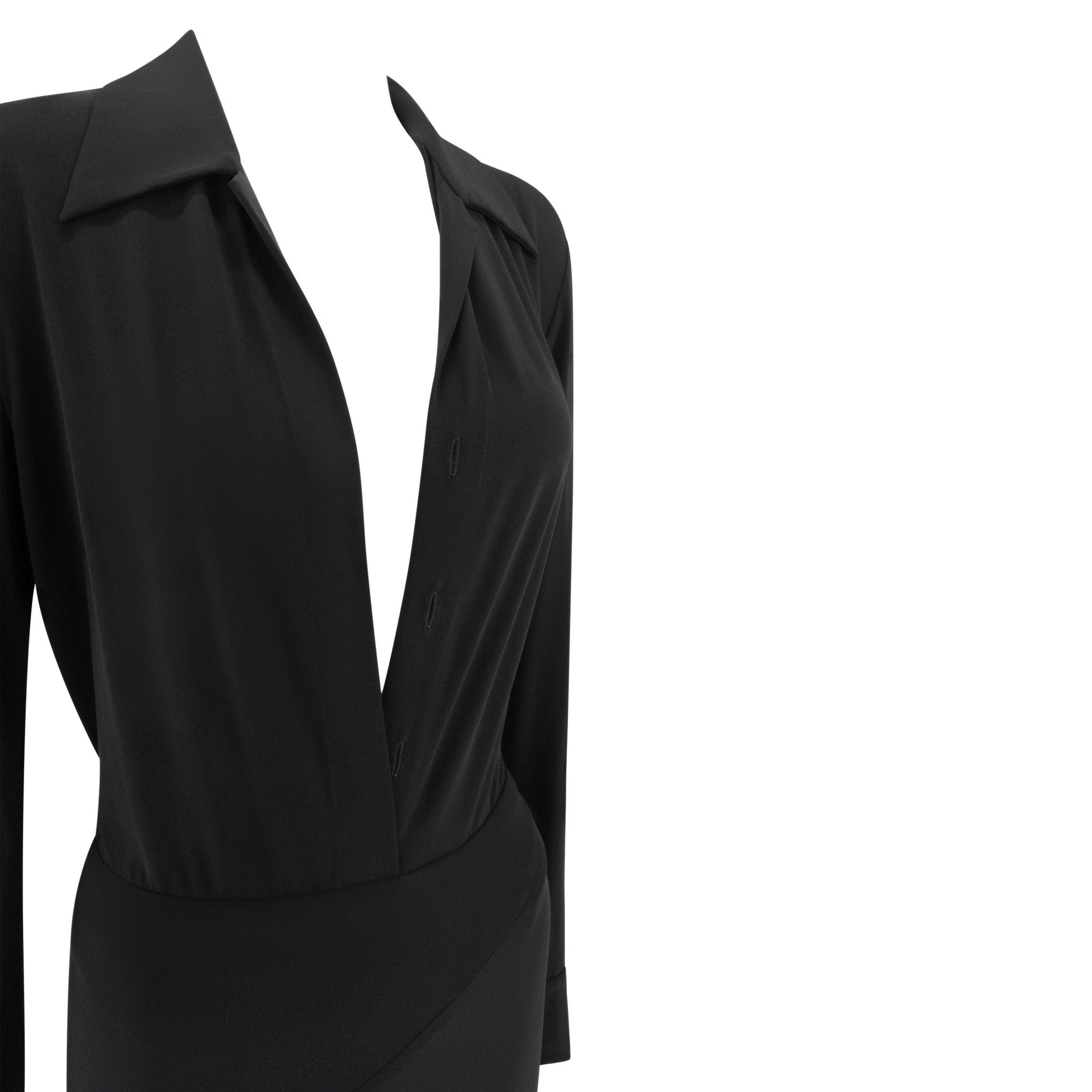 S/S 1996 Donna Karan Black Bodycon Plunging Bodysuit Maxi Dress - RealList