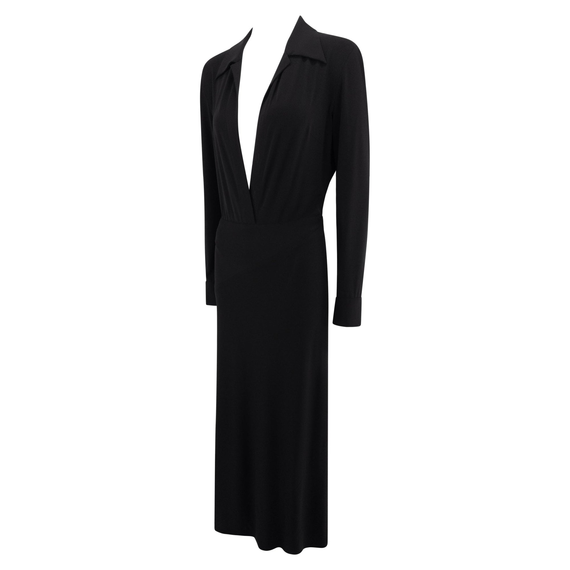 S/S 1996 Donna Karan Black Bodycon Plunging Bodysuit Maxi Dress - RealList