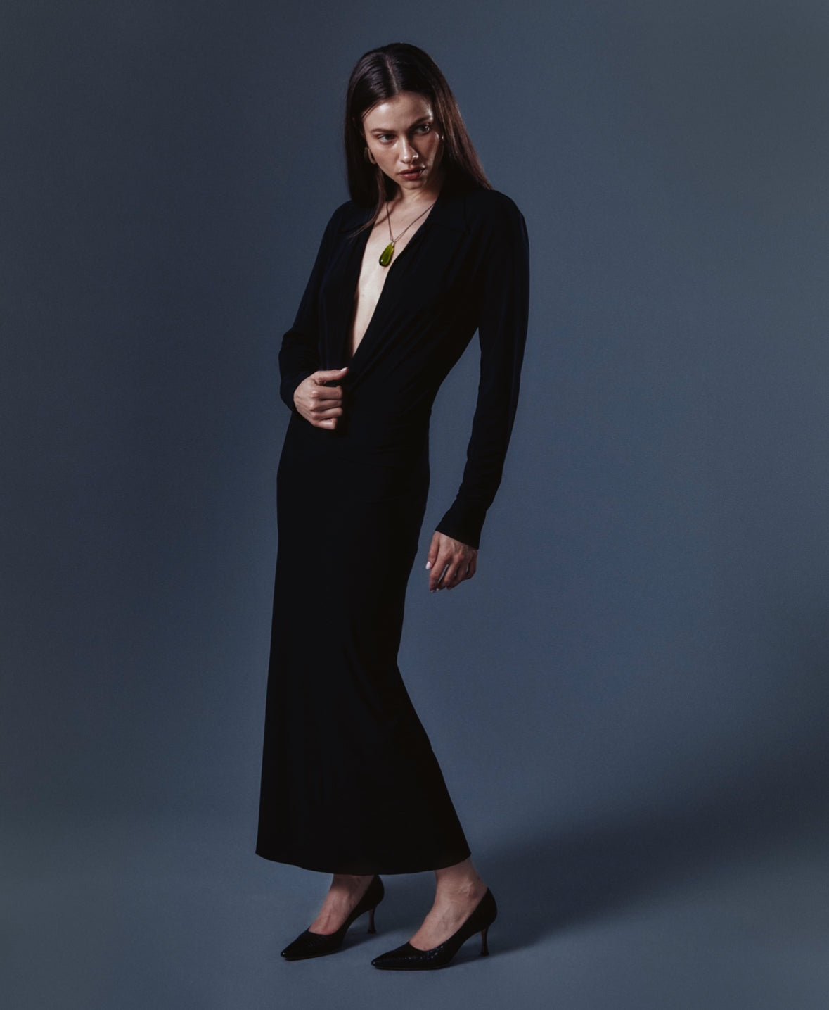 S/S 1996 Donna Karan Black Bodycon Plunging Bodysuit Maxi Dress - RealList