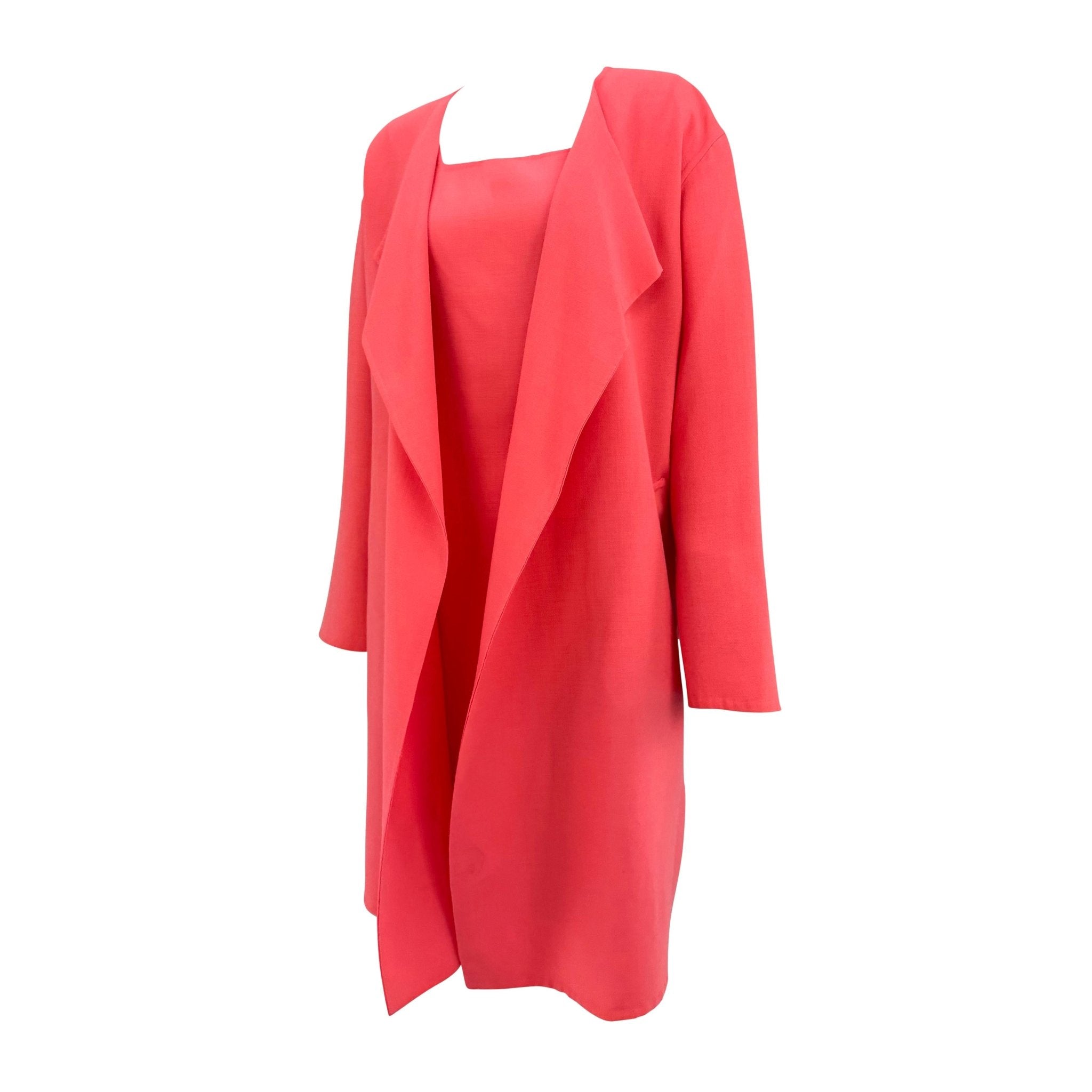 S/S 1996 Donna Karan Runway Bright Pink Stretch Wool Overcoat Dress Set - RealList