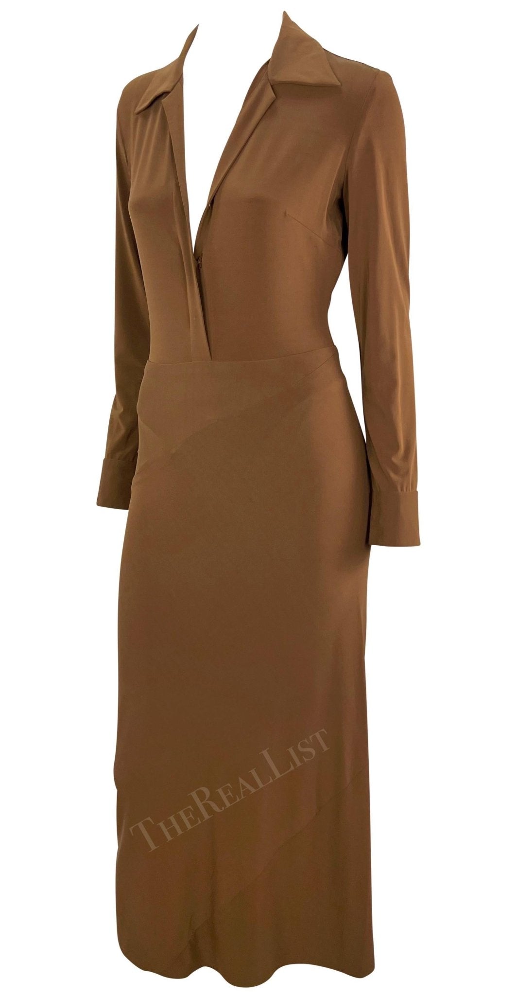 S/S 1996 Donna Karan Runway Light Brown Plunging Bodycon Dress - RealList