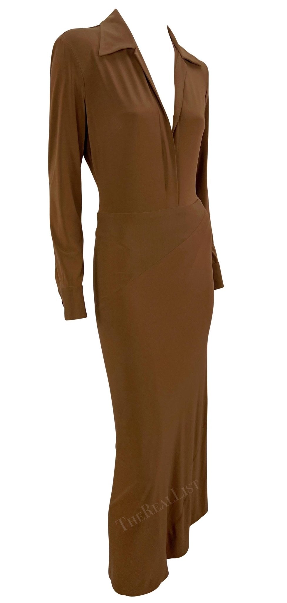S/S 1996 Donna Karan Runway Light Brown Plunging Bodycon Dress - RealList