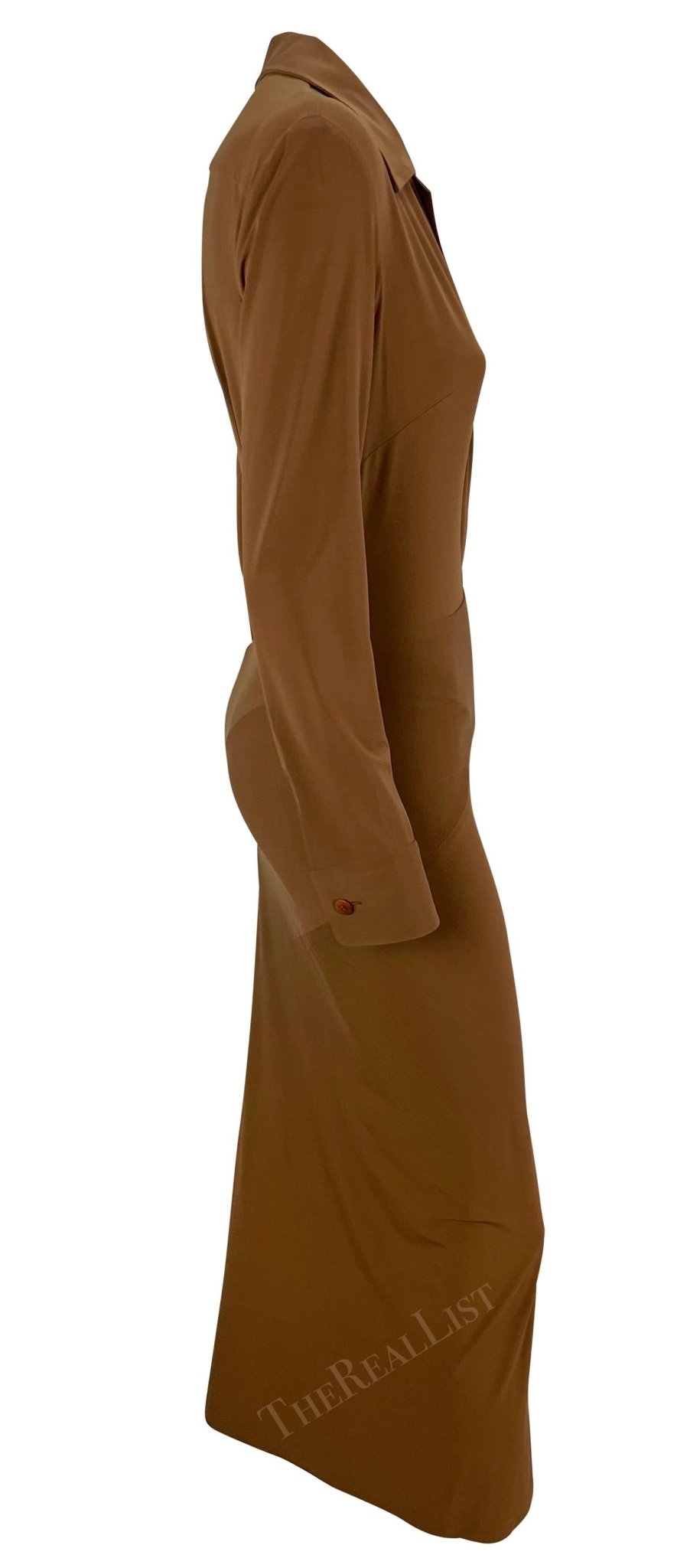 S/S 1996 Donna Karan Runway Light Brown Plunging Bodycon Dress - RealList