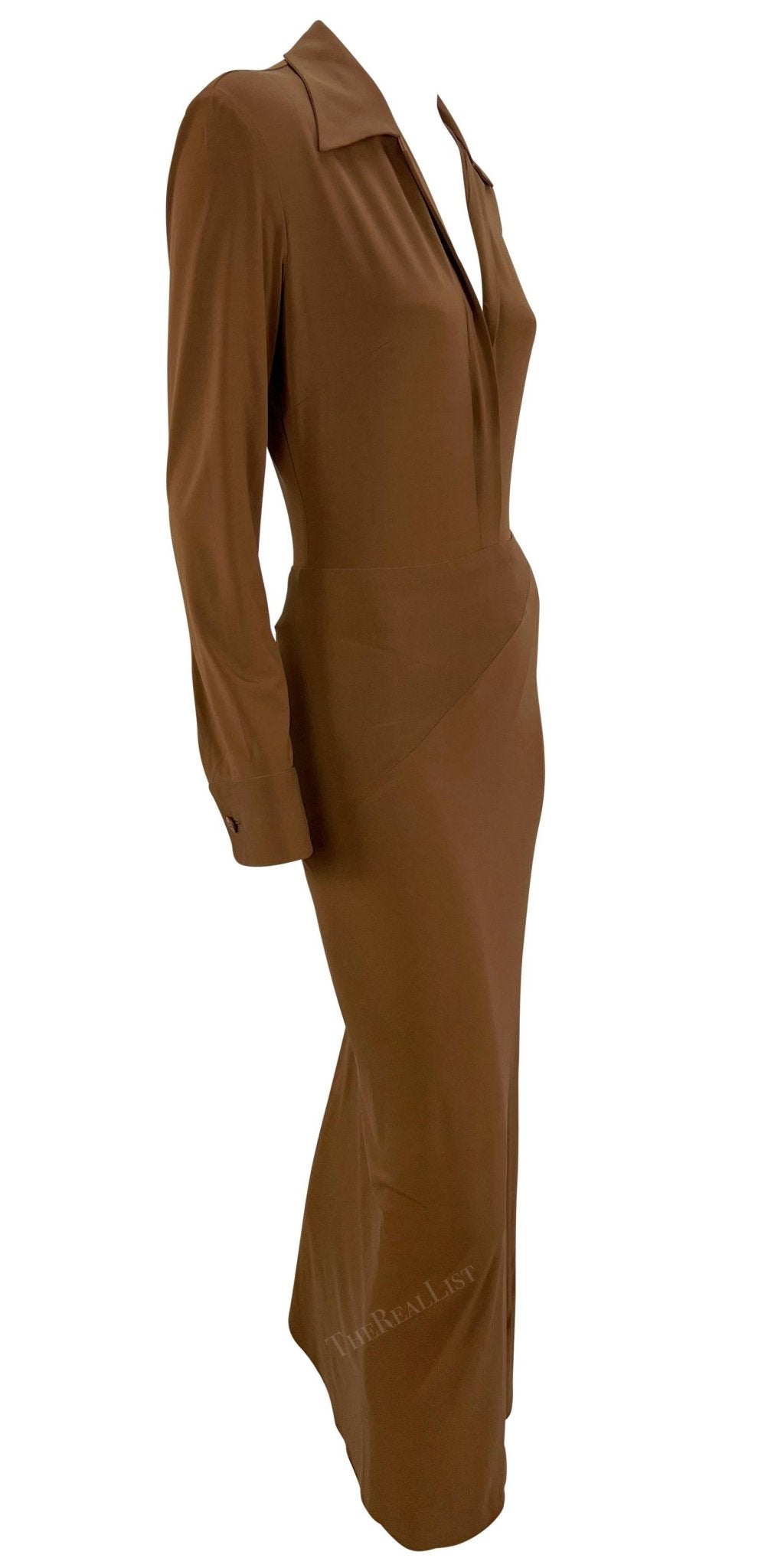 S/S 1996 Donna Karan Runway Light Brown Plunging Bodycon Dress - RealList
