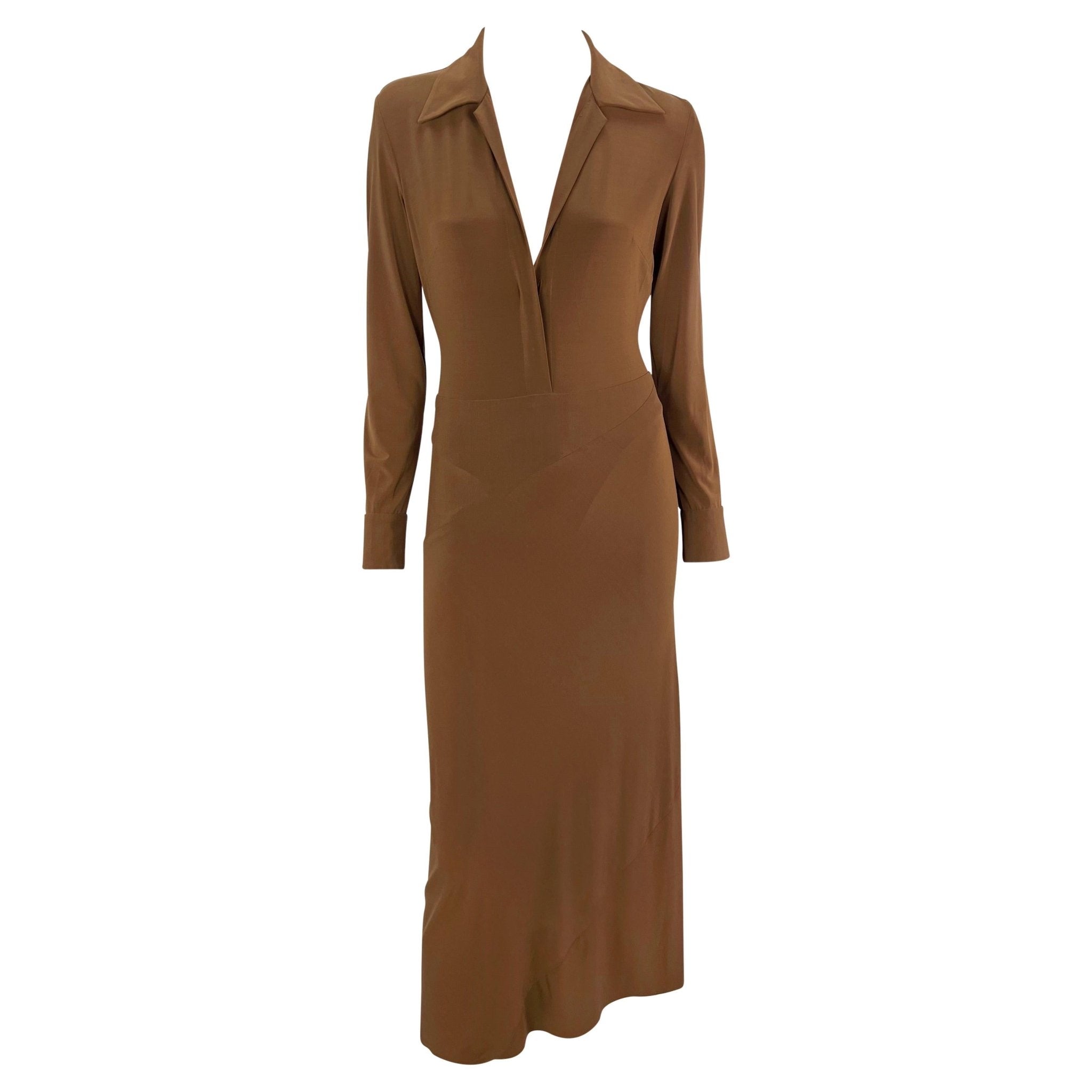S/S 1996 Donna Karan Runway Light Brown Plunging Bodycon Dress - RealList
