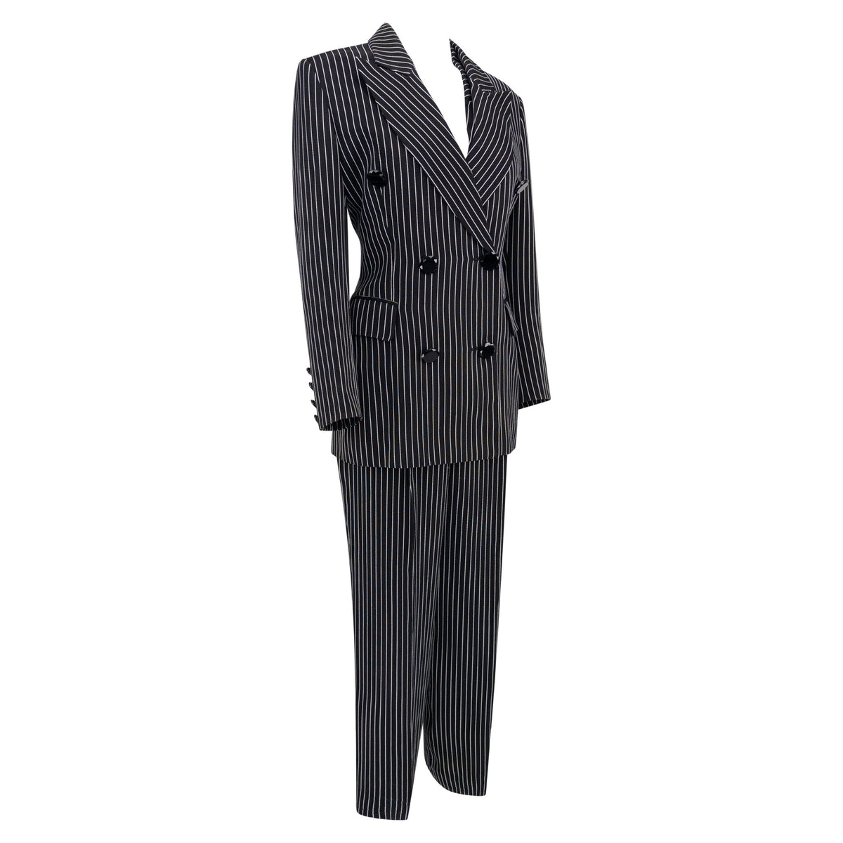 S/S 1996 Gianfranco Ferré Runway Black Pinstriped Double - Breasted 3 - Piece Pantsuit Set - RealList