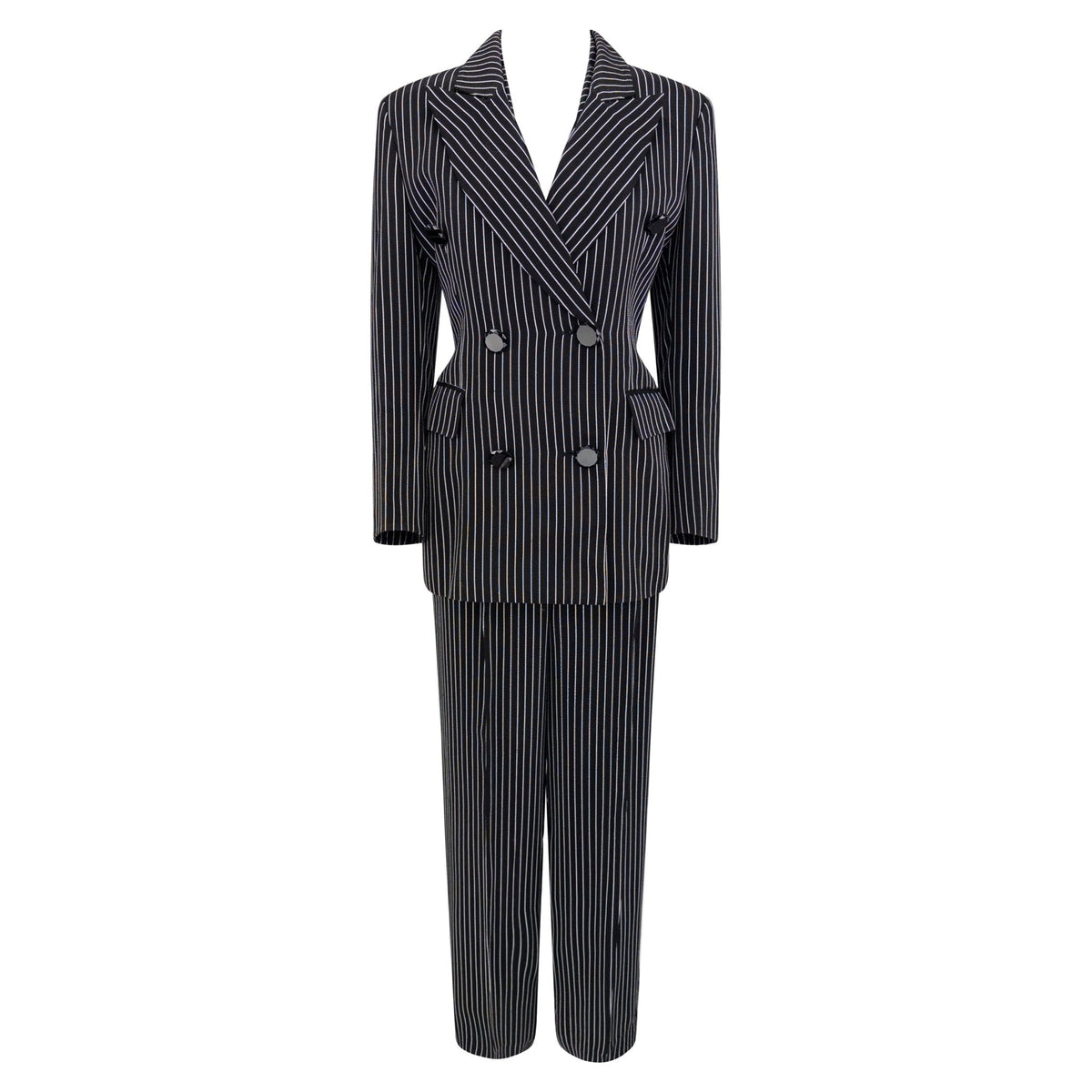 S/S 1996 Gianfranco Ferré Runway Black Pinstriped Double - Breasted 3 - Piece Pantsuit Set - RealList