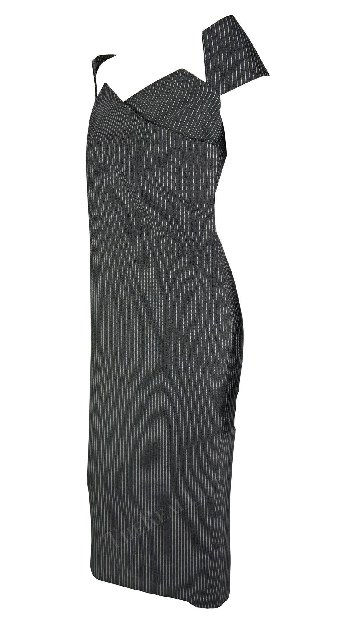 S/S 1996 Gianfranco Ferré Runway Grey Charcoal Pinstripe Off - Shoulder Dress - RealList