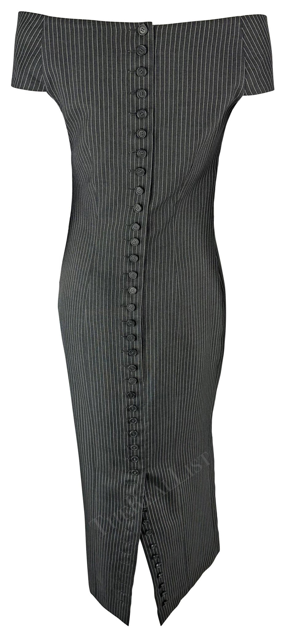 S/S 1996 Gianfranco Ferré Runway Grey Charcoal Pinstripe Off - Shoulder Dress - RealList