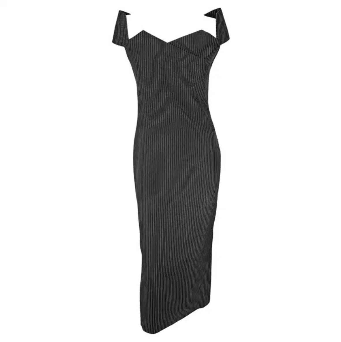 S/S 1996 Gianfranco Ferré Runway Grey Charcoal Pinstripe Off - Shoulder Dress - RealList