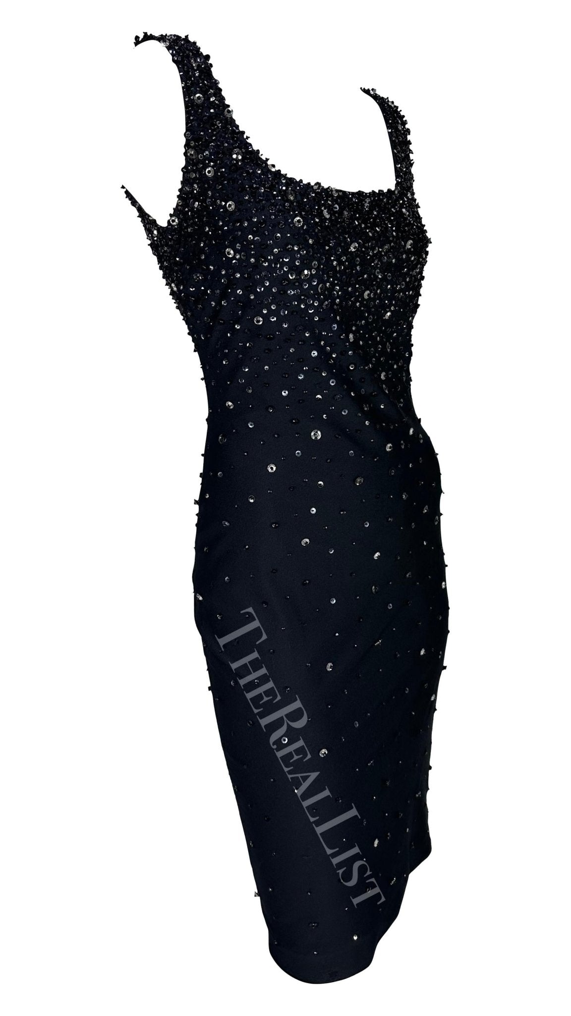 S/S 1996 Gianni Versace Black Beaded Sleeveless Bodycon Runway Dress - RealList