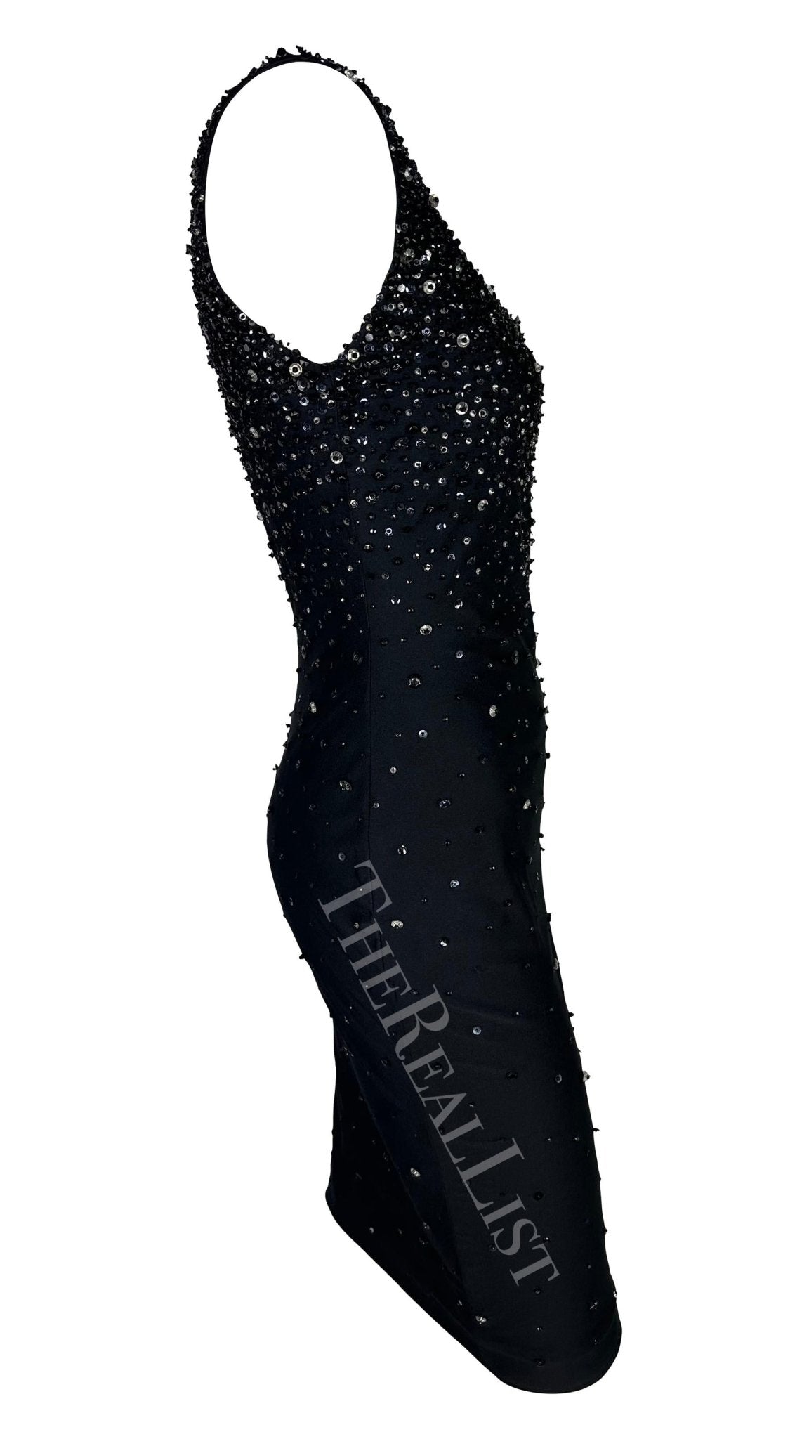 S/S 1996 Gianni Versace Black Beaded Sleeveless Bodycon Runway Dress - RealList