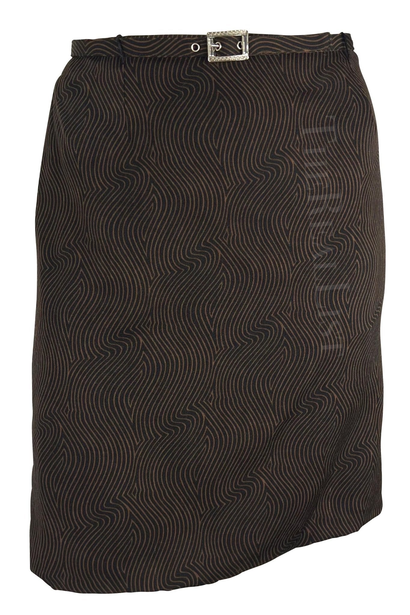 S/S 1996 Gianni Versace Black Brown Abstract Op - Art Print Medusa Belt Skirt Suit - RealList