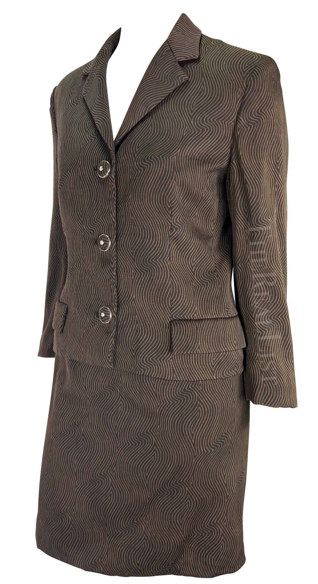 S/S 1996 Gianni Versace Black Brown Abstract Op - Art Print Medusa Belt Skirt Suit - RealList