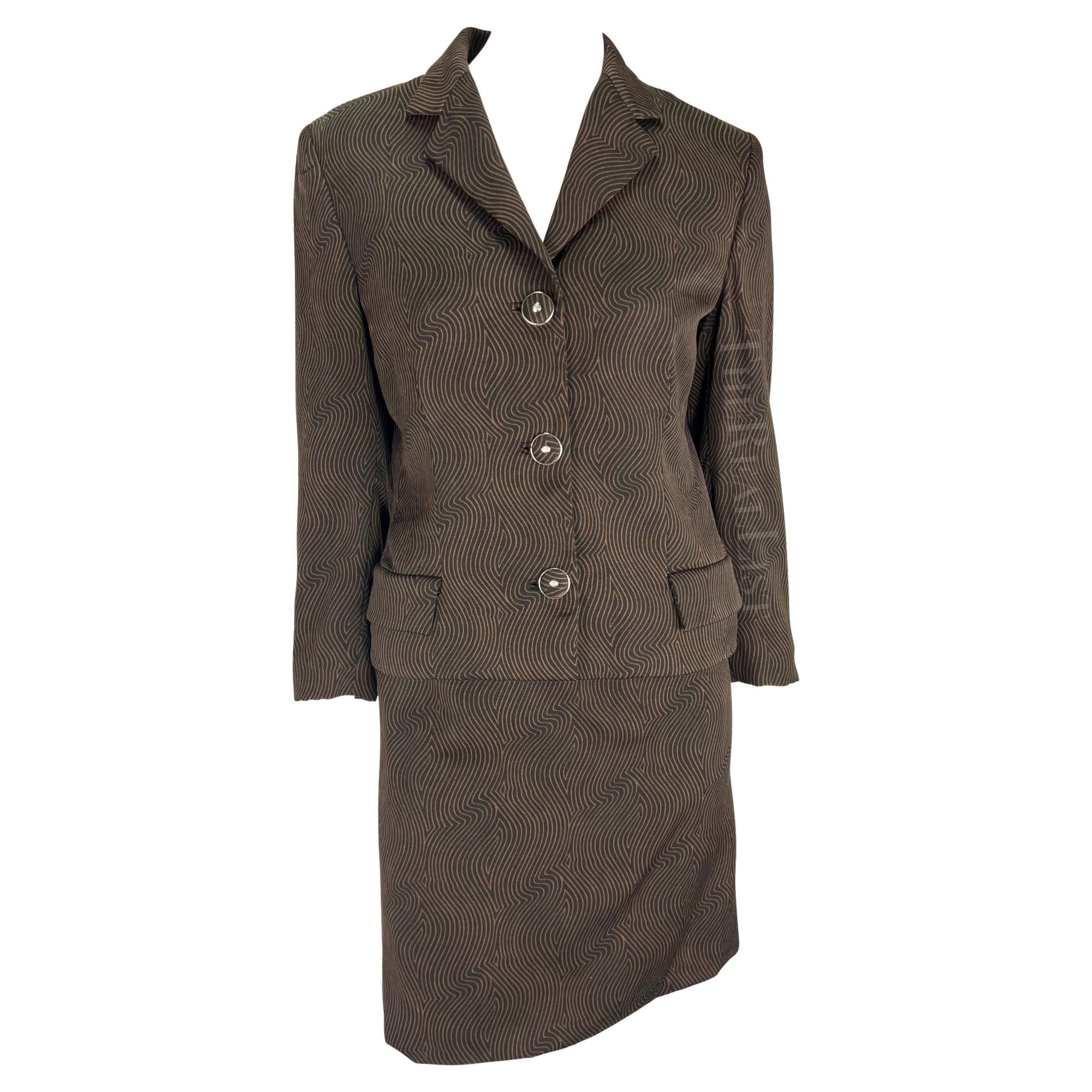 S/S 1996 Gianni Versace Black Brown Abstract Op - Art Print Medusa Belt Skirt Suit - RealList