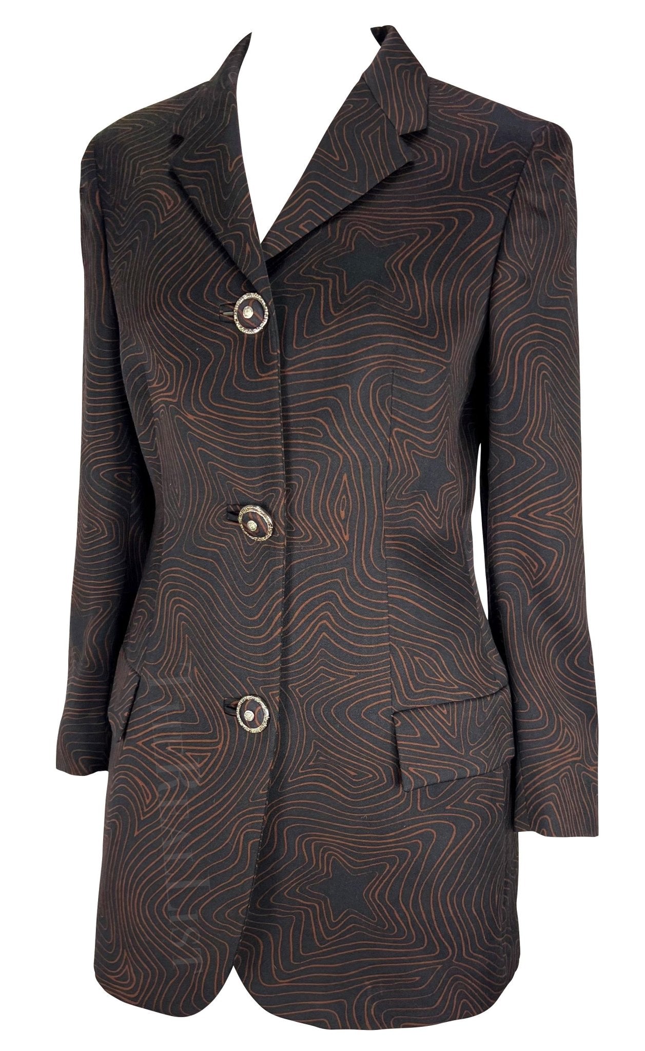 S/S 1996 Gianni Versace Black Brown Abstract Star Print Medusa Blazer - RealList