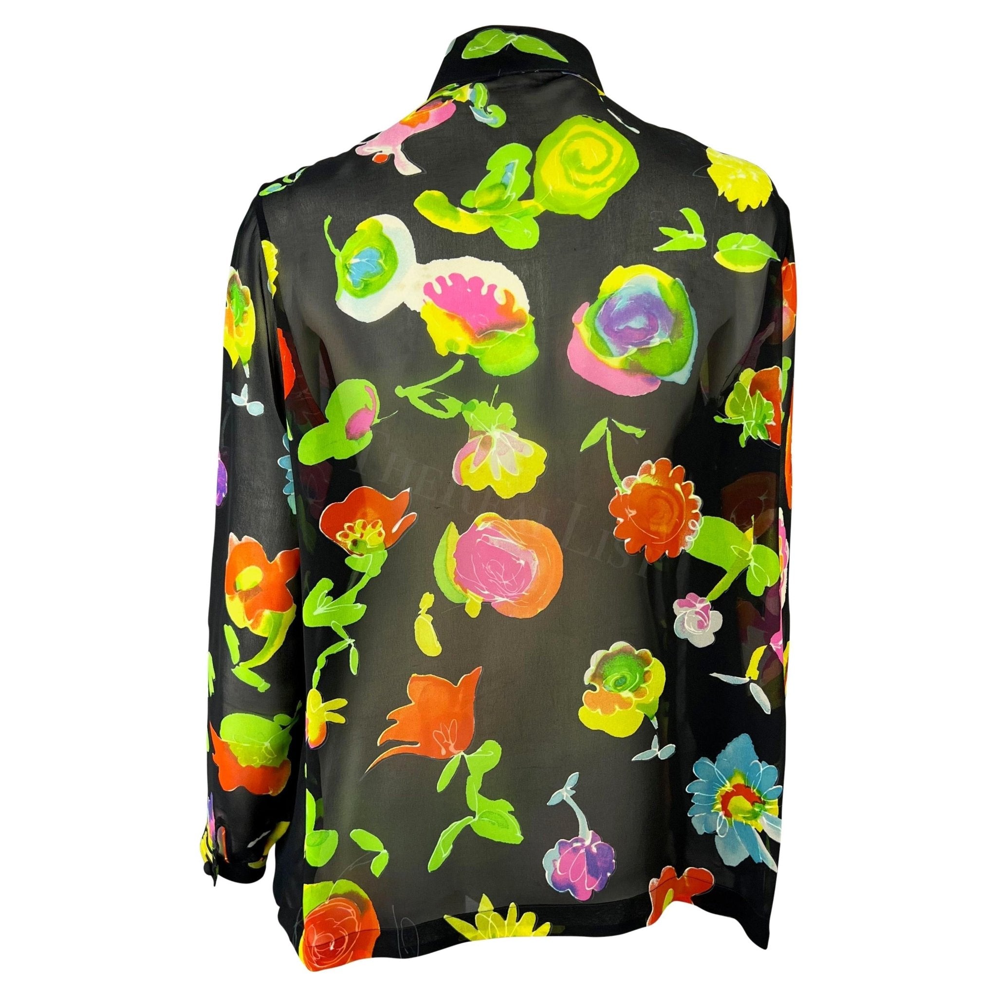 S/S 1996 Gianni Versace Black Floral Sheer Button Down Shirt - RealList