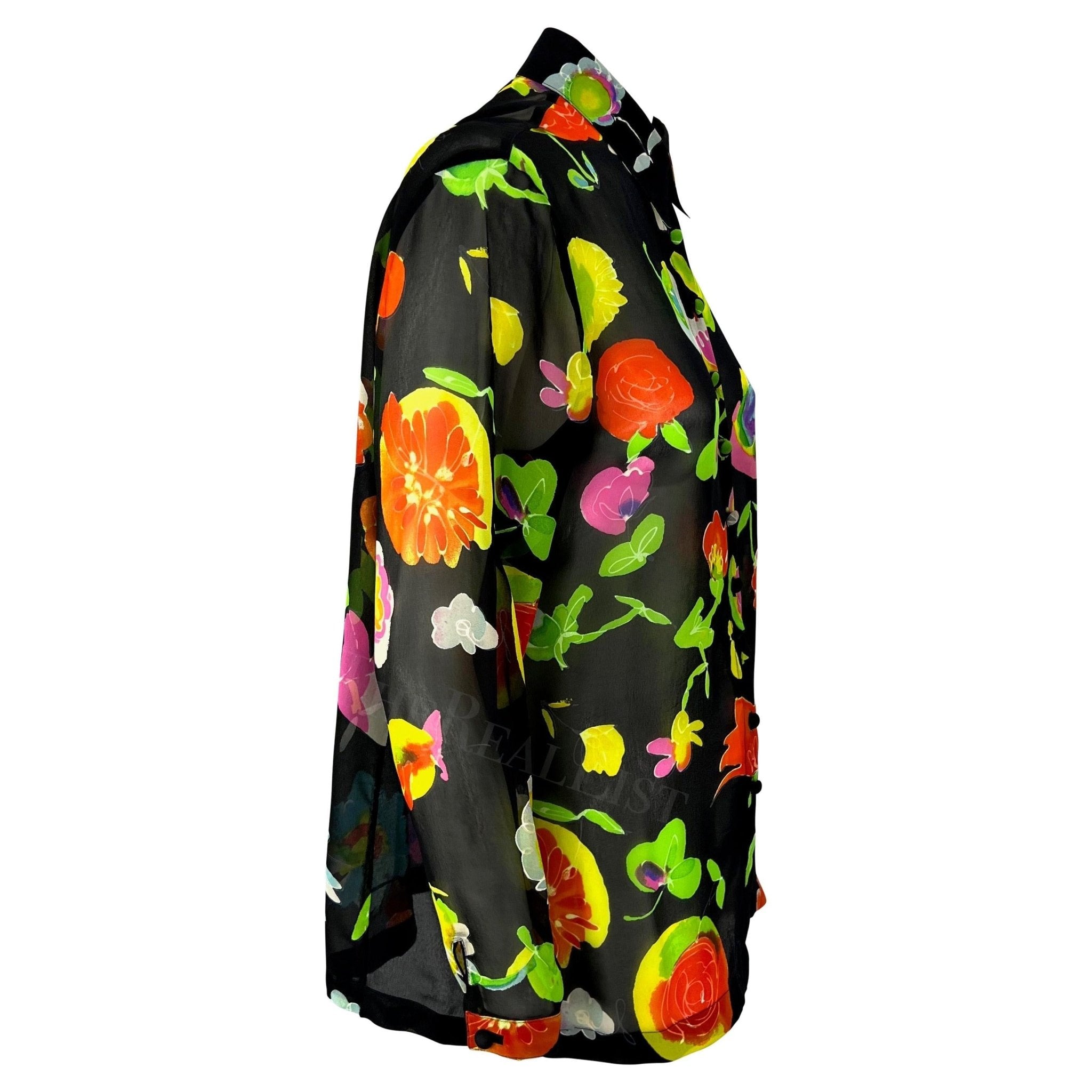 S/S 1996 Gianni Versace Black Floral Sheer Button Down Shirt - RealList