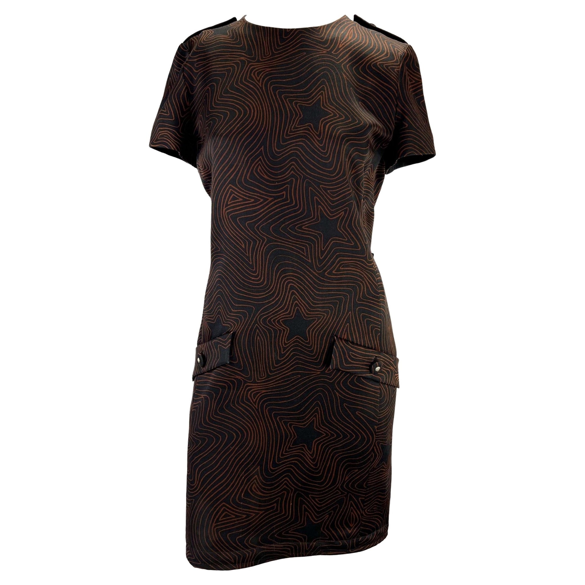 S/S 1996 Gianni Versace Couture Black Brown Star Print Medusa Wool Dress - RealList