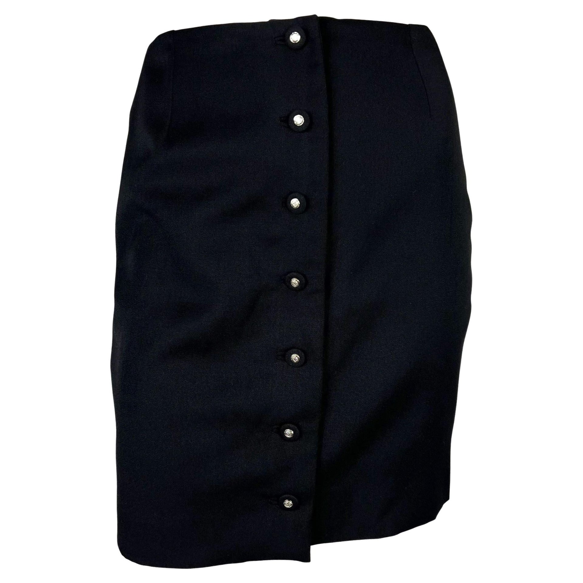 S/S 1996 Gianni Versace Couture Medusa Button Black Stretch Wool Mini Skirt - RealList