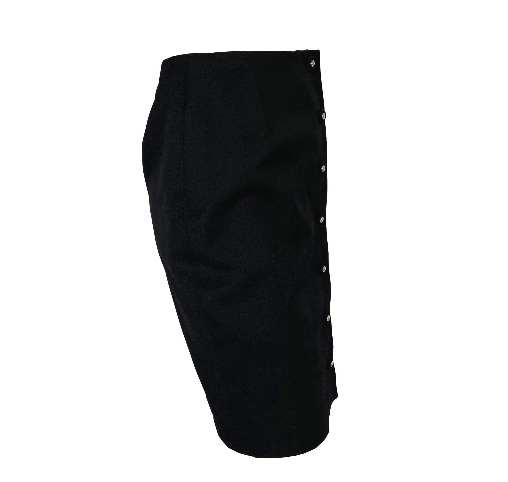 S/S 1996 Gianni Versace Couture Medusa Button Black Stretch Wool Mini Skirt - RealList
