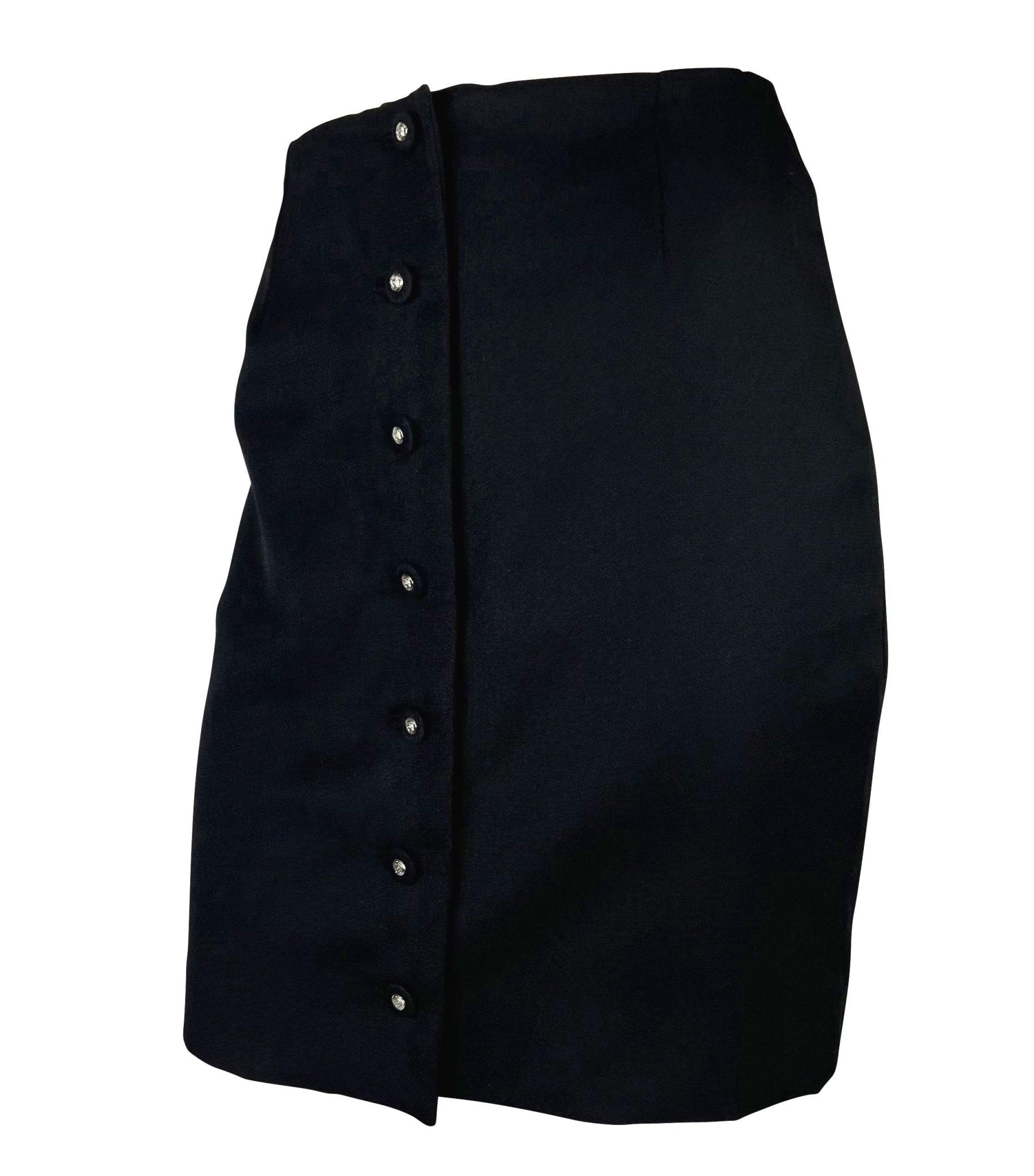 S/S 1996 Gianni Versace Couture Medusa Button Black Stretch Wool Mini Skirt - RealList