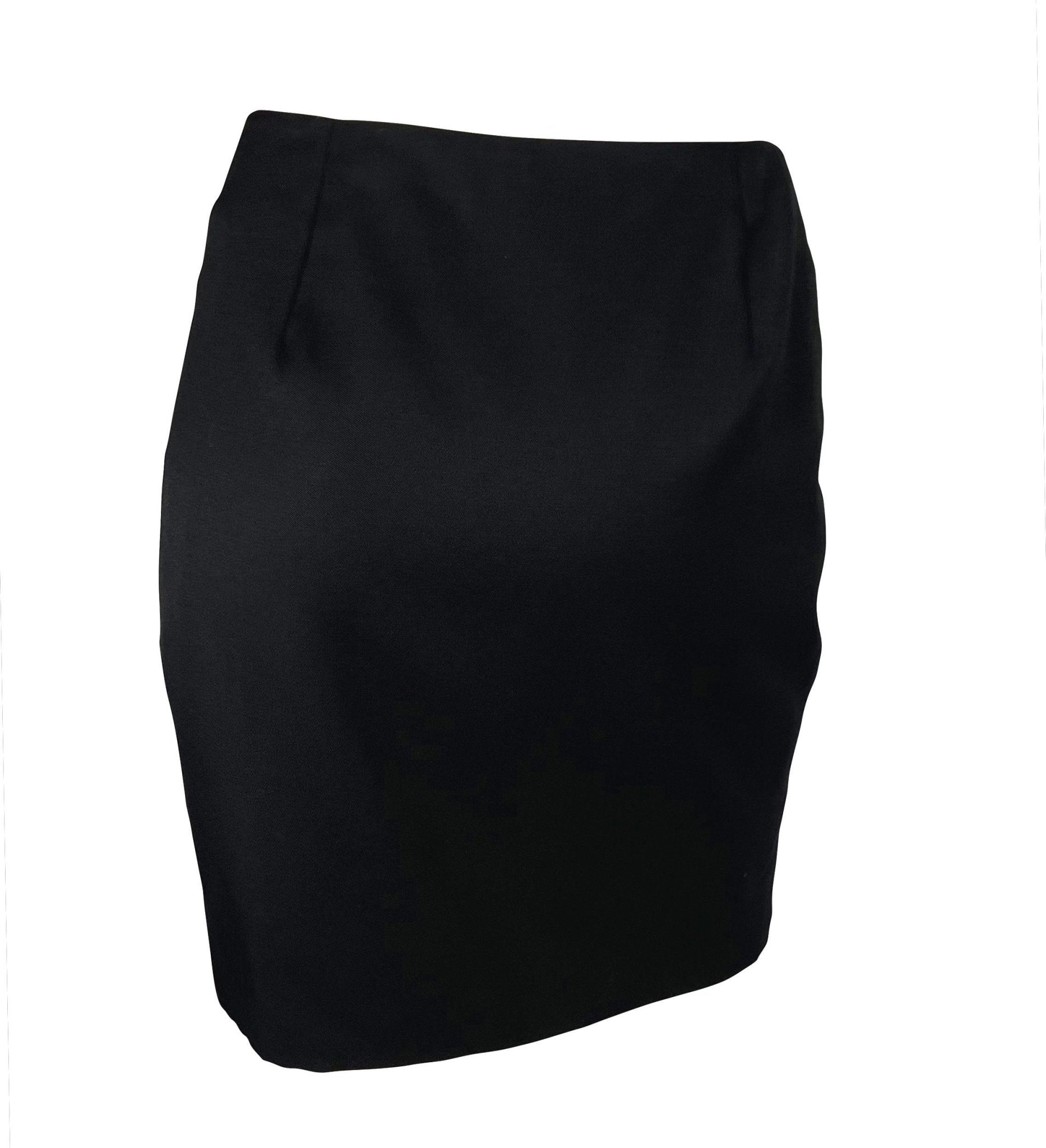 S/S 1996 Gianni Versace Couture Medusa Button Black Stretch Wool Mini Skirt - RealList