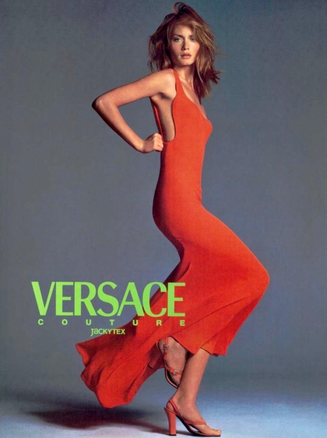 S/S 1996 Gianni Versace Couture Runway Ad Orange Bodycon Gown Helena Cindy Amber - RealList