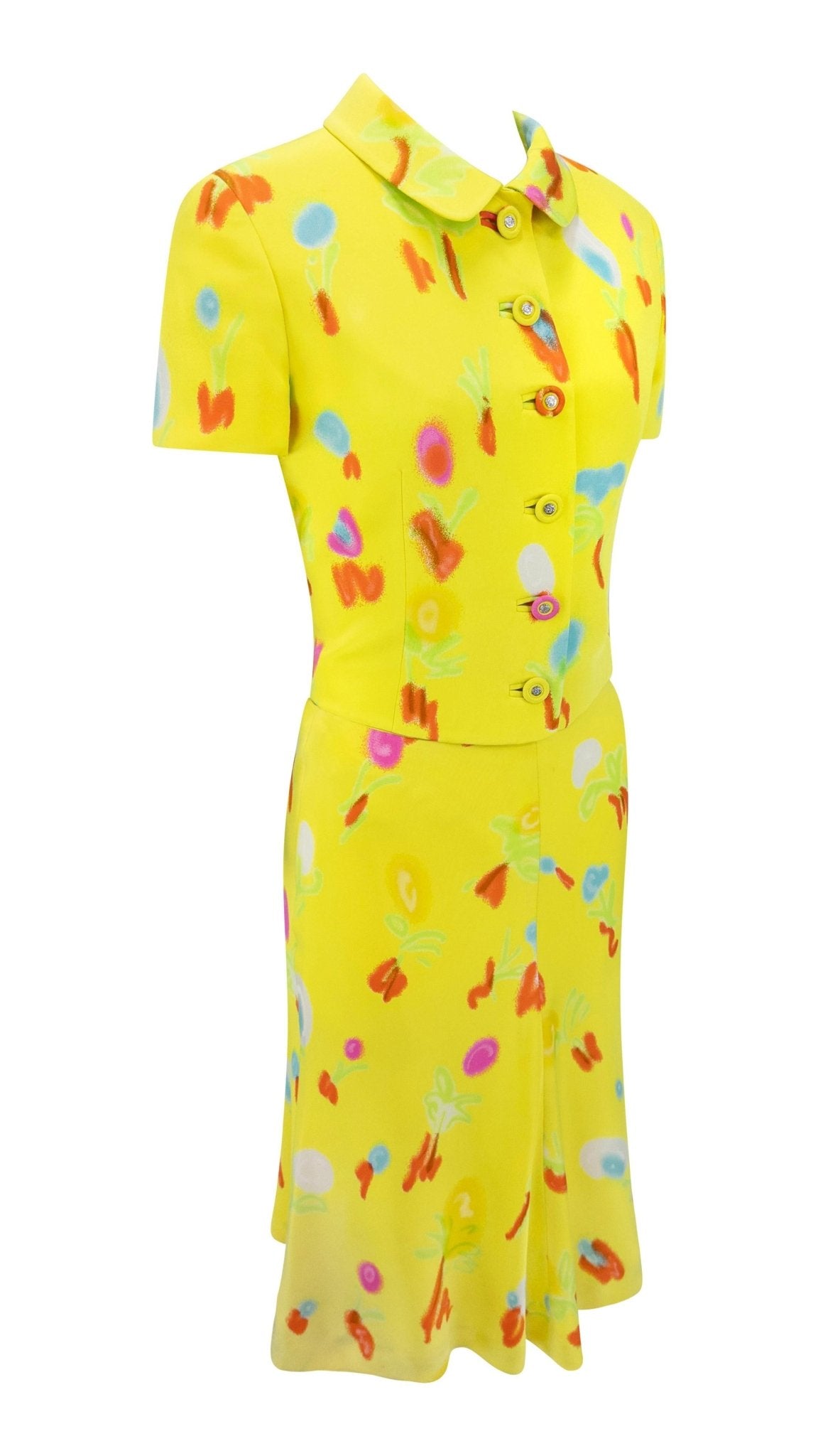 S/S 1996 Gianni Versace Neon Yellow Graffiti Floral Short Sleeve Skirt Suit - RealList