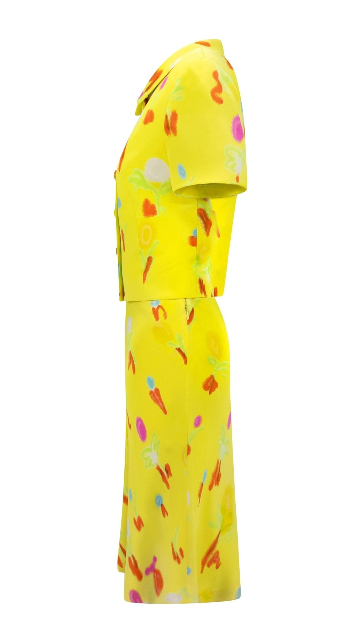 S/S 1996 Gianni Versace Neon Yellow Graffiti Floral Short Sleeve Skirt Suit - RealList