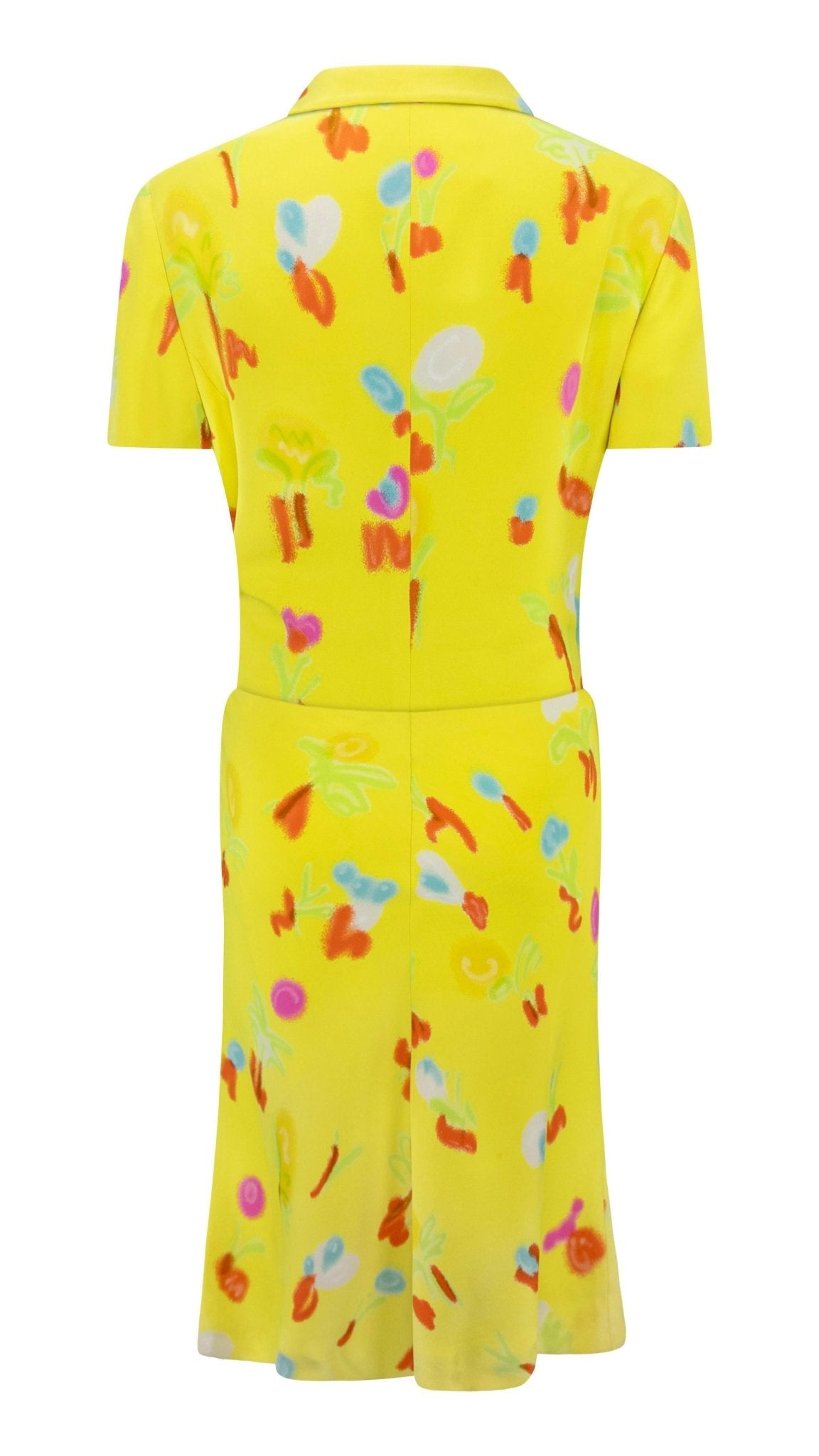 S/S 1996 Gianni Versace Neon Yellow Graffiti Floral Short Sleeve Skirt Suit - RealList