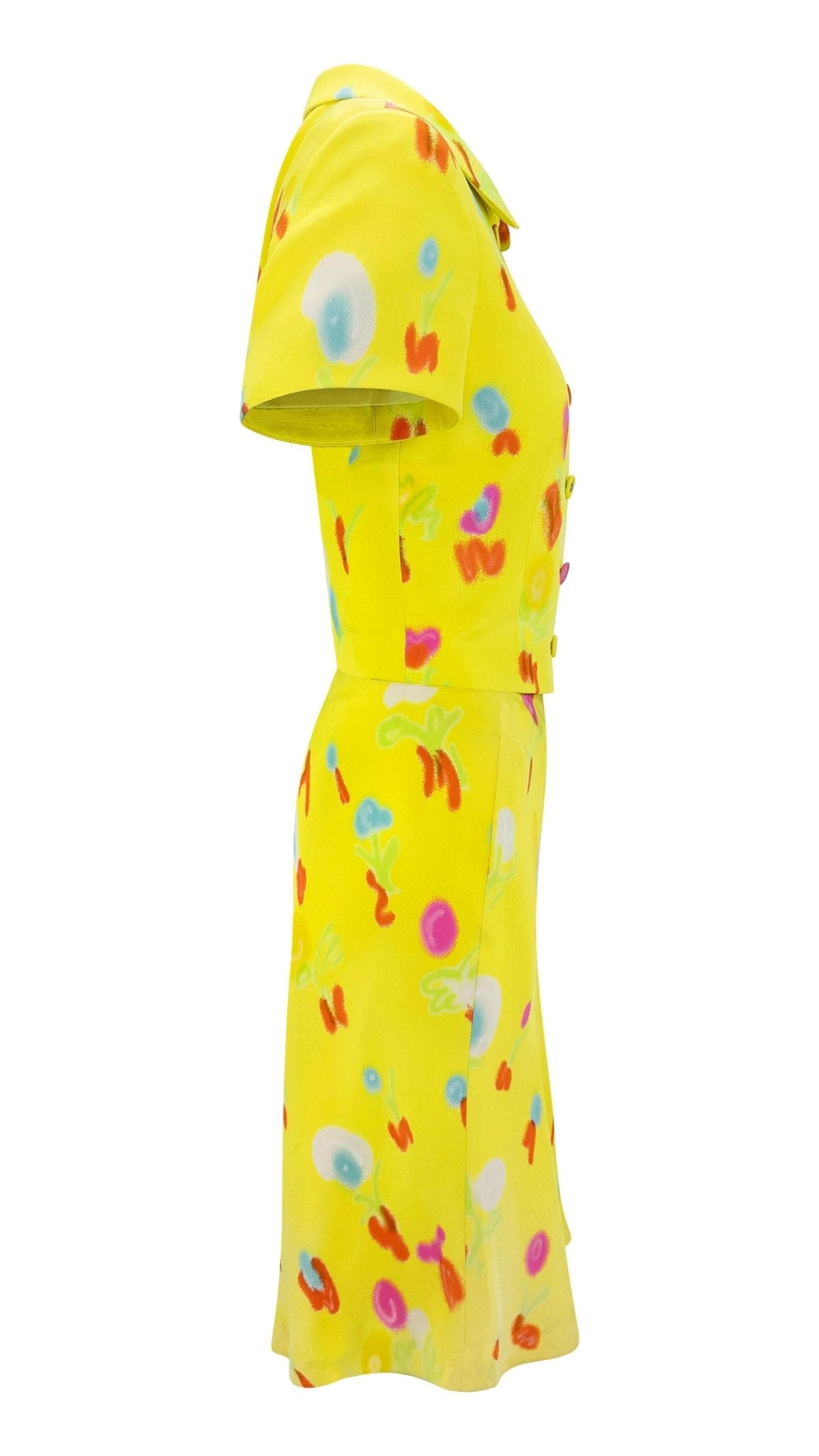 S/S 1996 Gianni Versace Neon Yellow Graffiti Floral Short Sleeve Skirt Suit - RealList