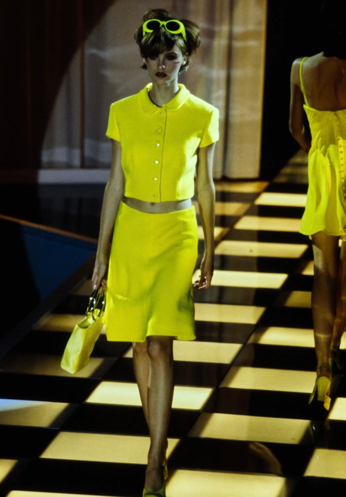 S/S 1996 Gianni Versace Neon Yellow Graffiti Floral Short Sleeve Skirt Suit - RealList