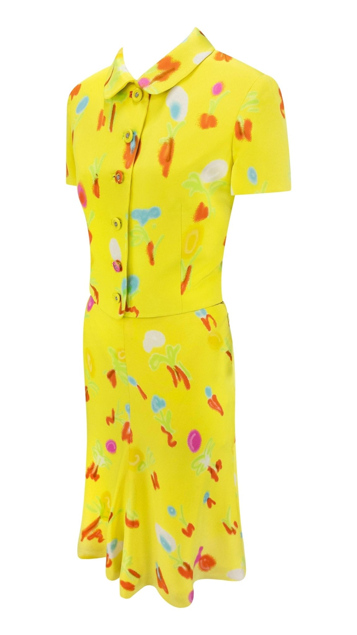 S/S 1996 Gianni Versace Neon Yellow Graffiti Floral Short Sleeve Skirt Suit - RealList