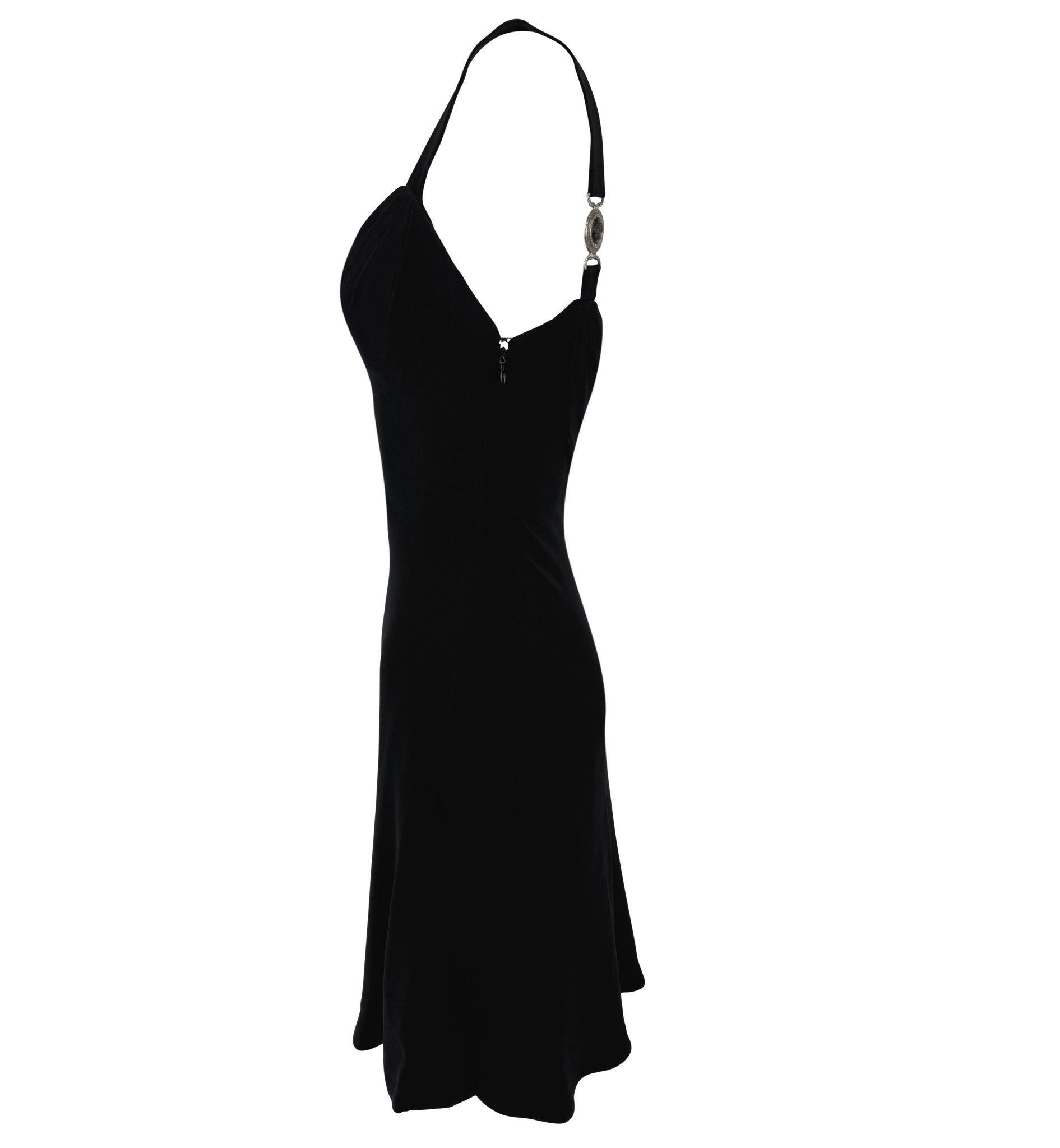 S/S 1996 Gianni Versace Runway Black Medusa Buckle Flared Mini Dress - RealList