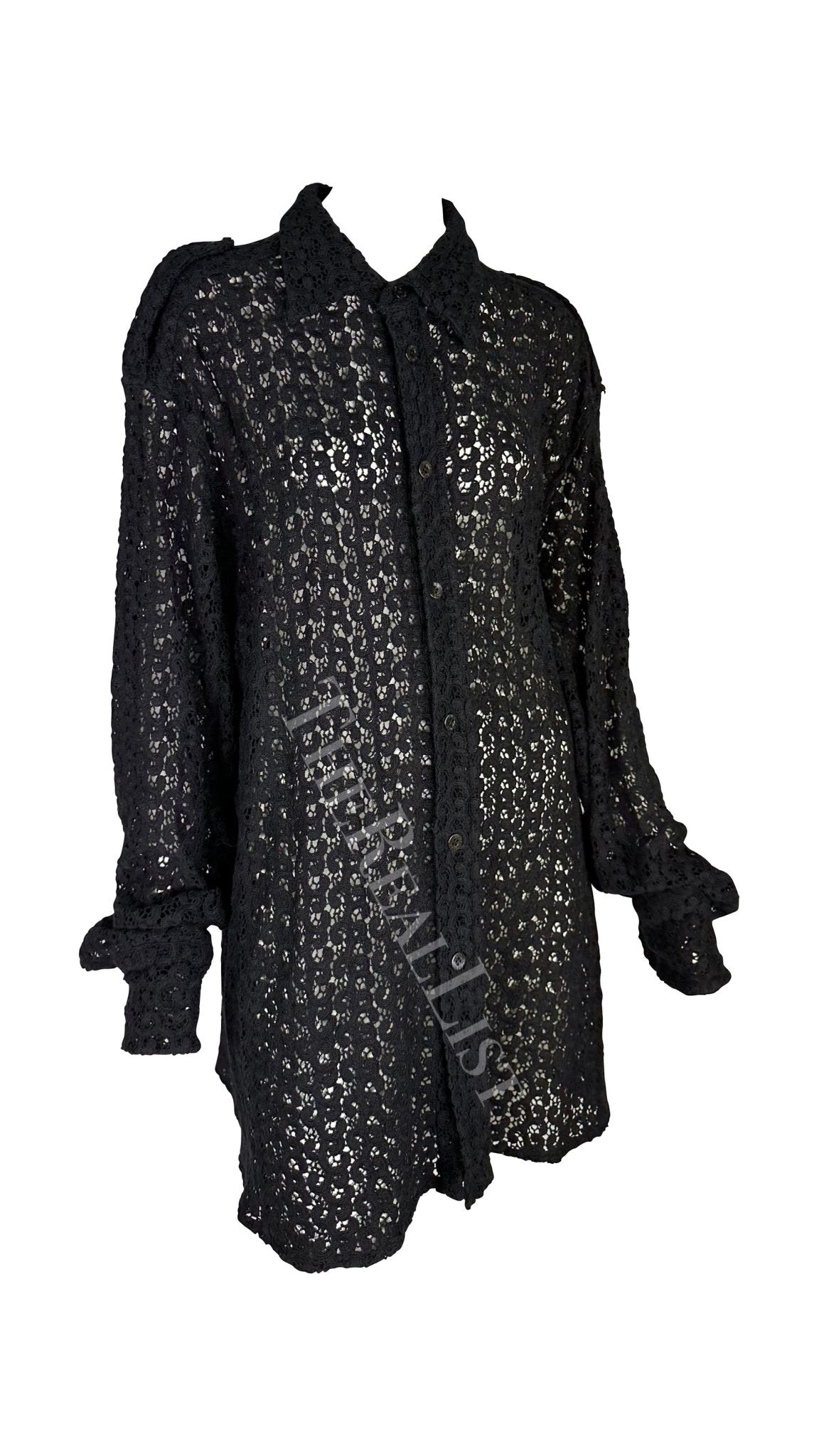 S/S 1996 Gucci by Tom Ford Men's Black Crochet Lace Oversized Sheer Shirt - RealList