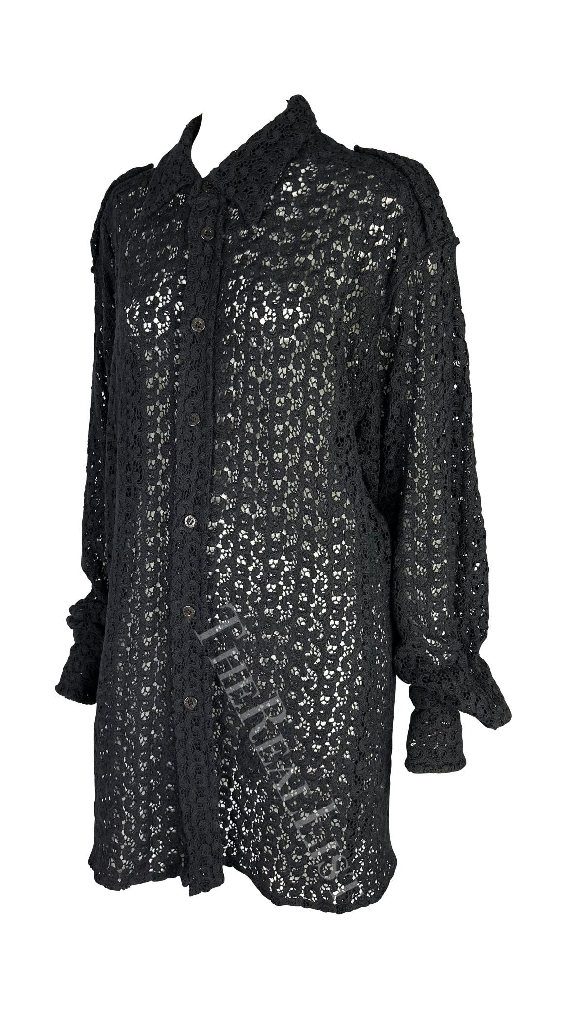 S/S 1996 Gucci by Tom Ford Men's Black Crochet Lace Oversized Sheer Shirt - RealList