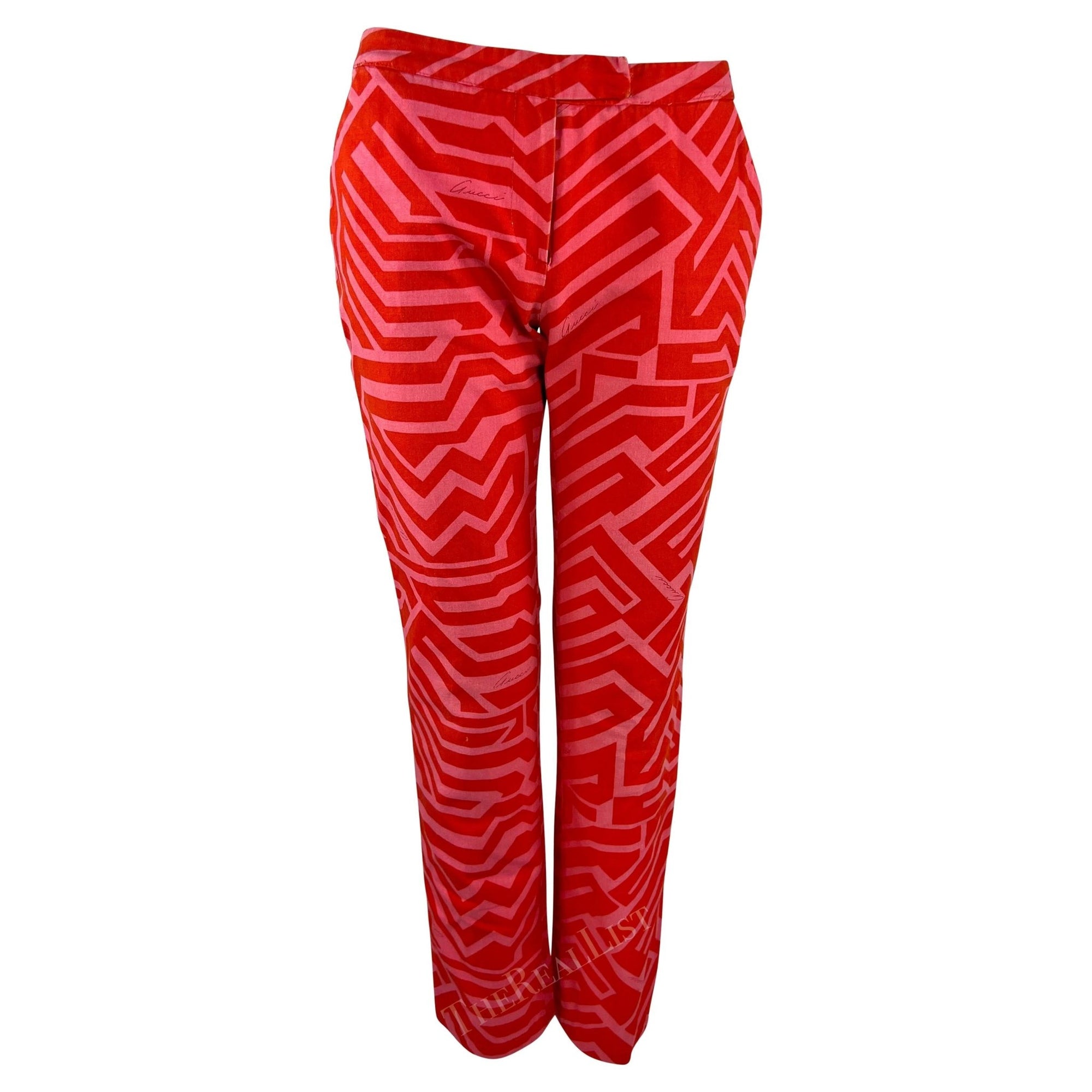 S/S 1996 Gucci by Tom Ford Pink Red Geometric Logo Print Cotton Pants - RealList