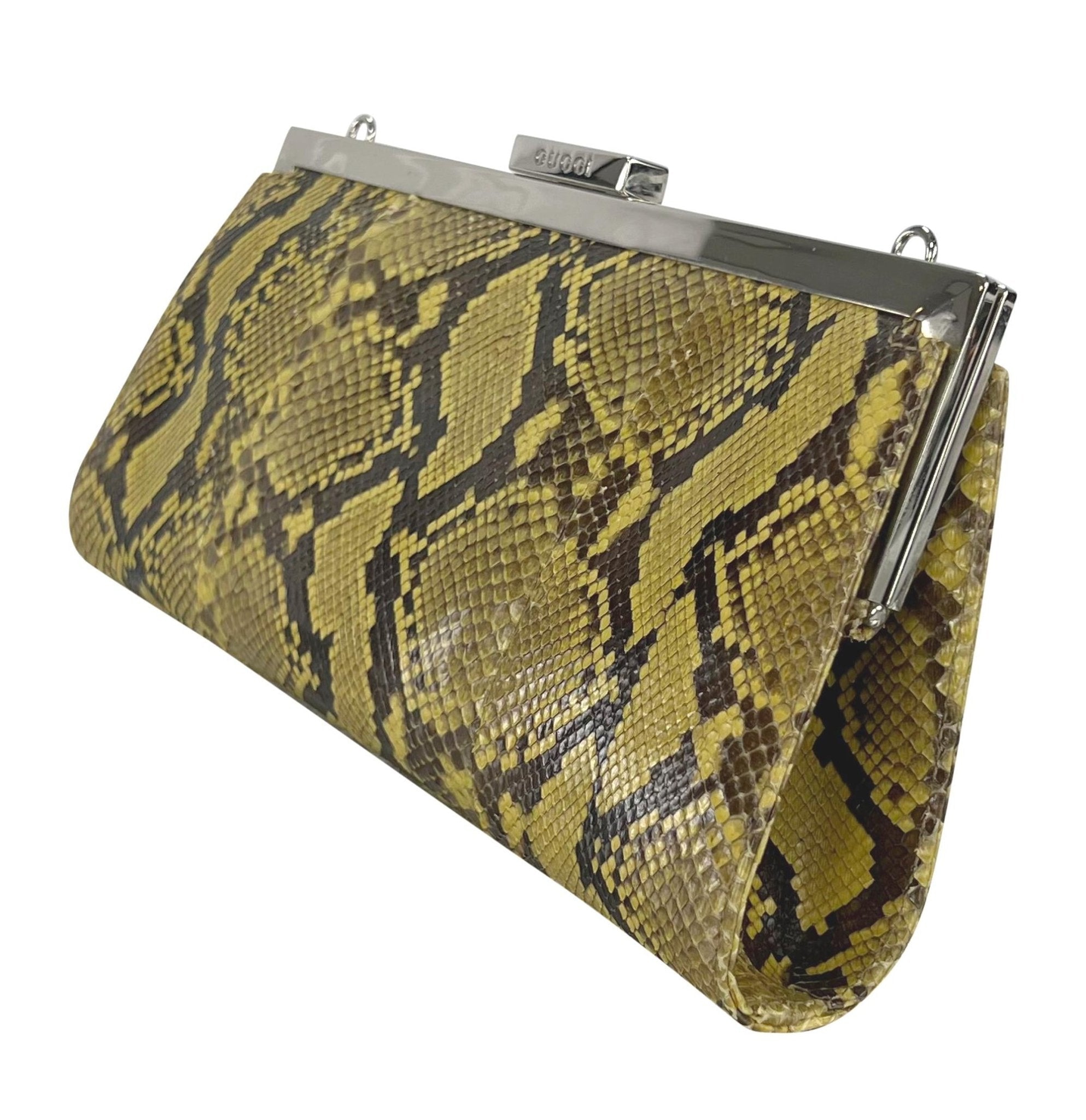 S/S 1996 Gucci by Tom Ford Runway Yellow Genuine Python Skin Chain Crossbody Bag - RealList