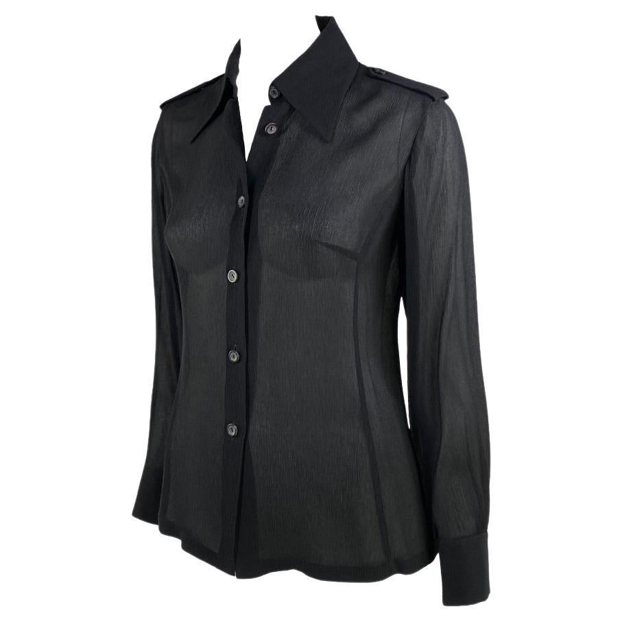 S/S 1996 Gucci by Tom Ford Sheer Black Crepe Silk Military Epaulette Button Up Top - RealList