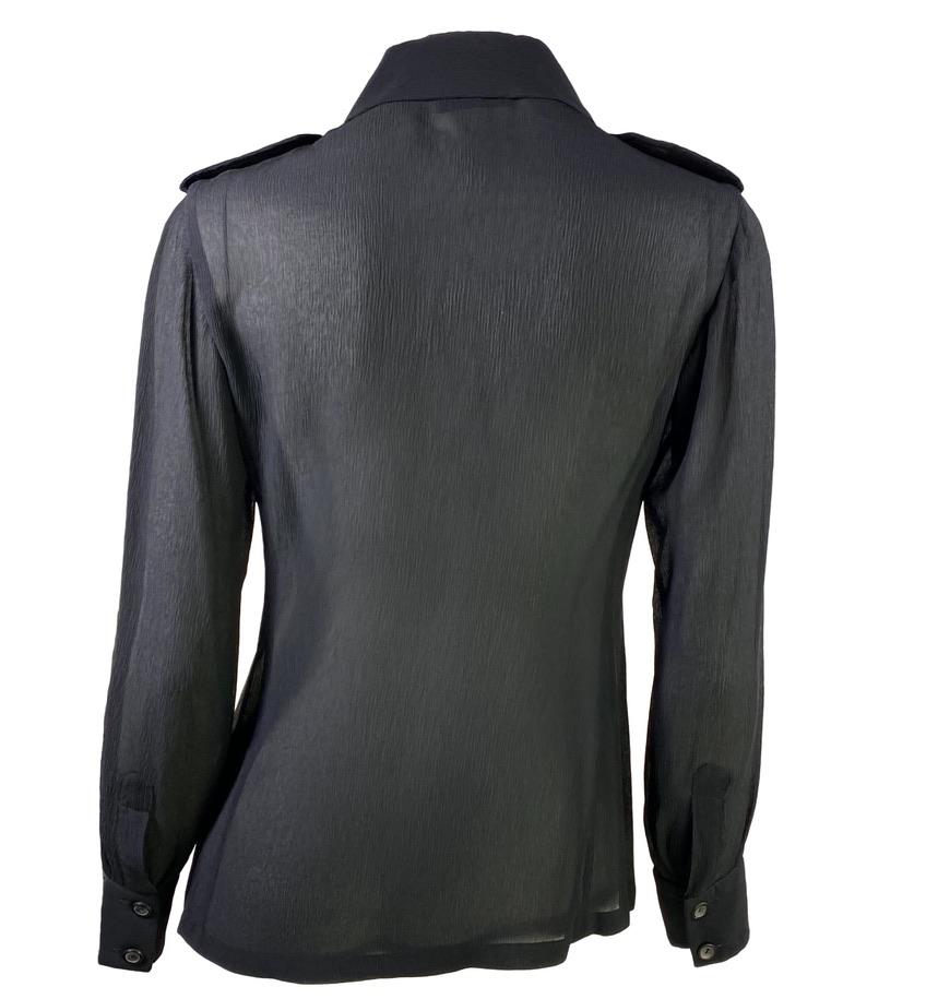 S/S 1996 Gucci by Tom Ford Sheer Black Crepe Silk Military Epaulette Button Up Top - RealList