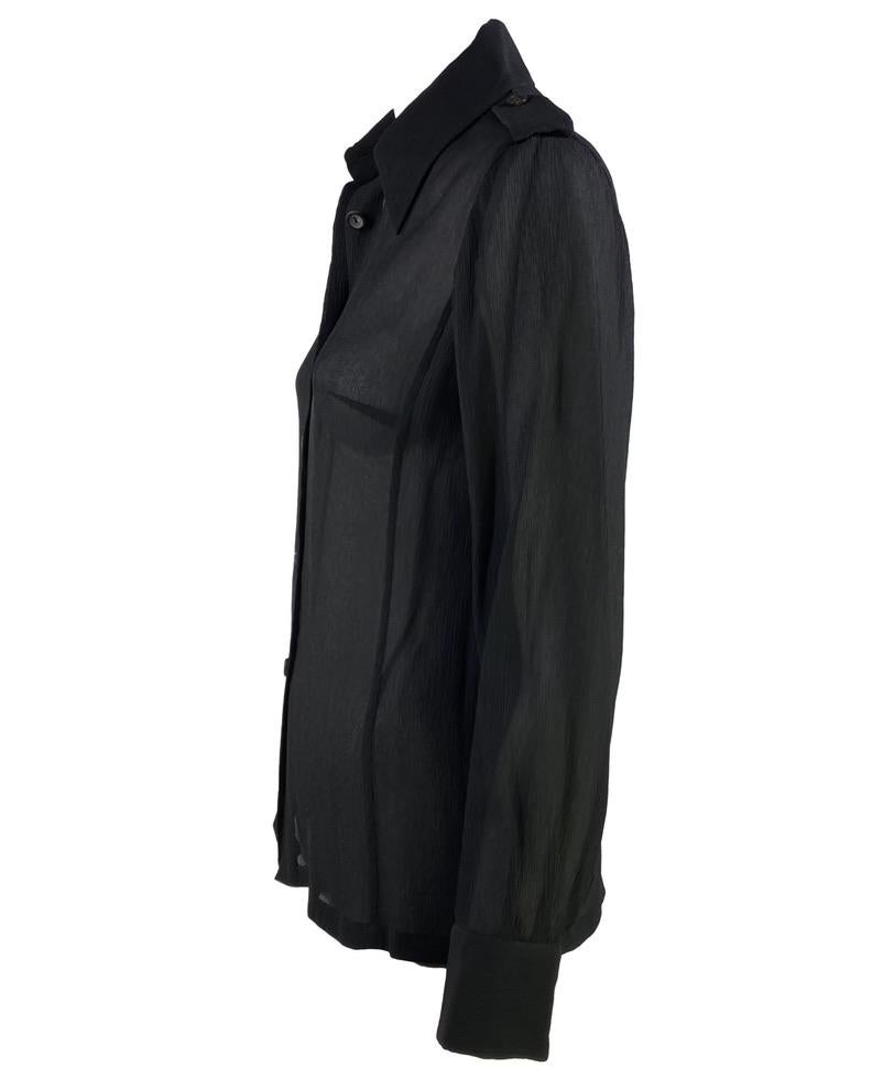 S/S 1996 Gucci by Tom Ford Sheer Black Crepe Silk Military Epaulette Button Up Top - RealList