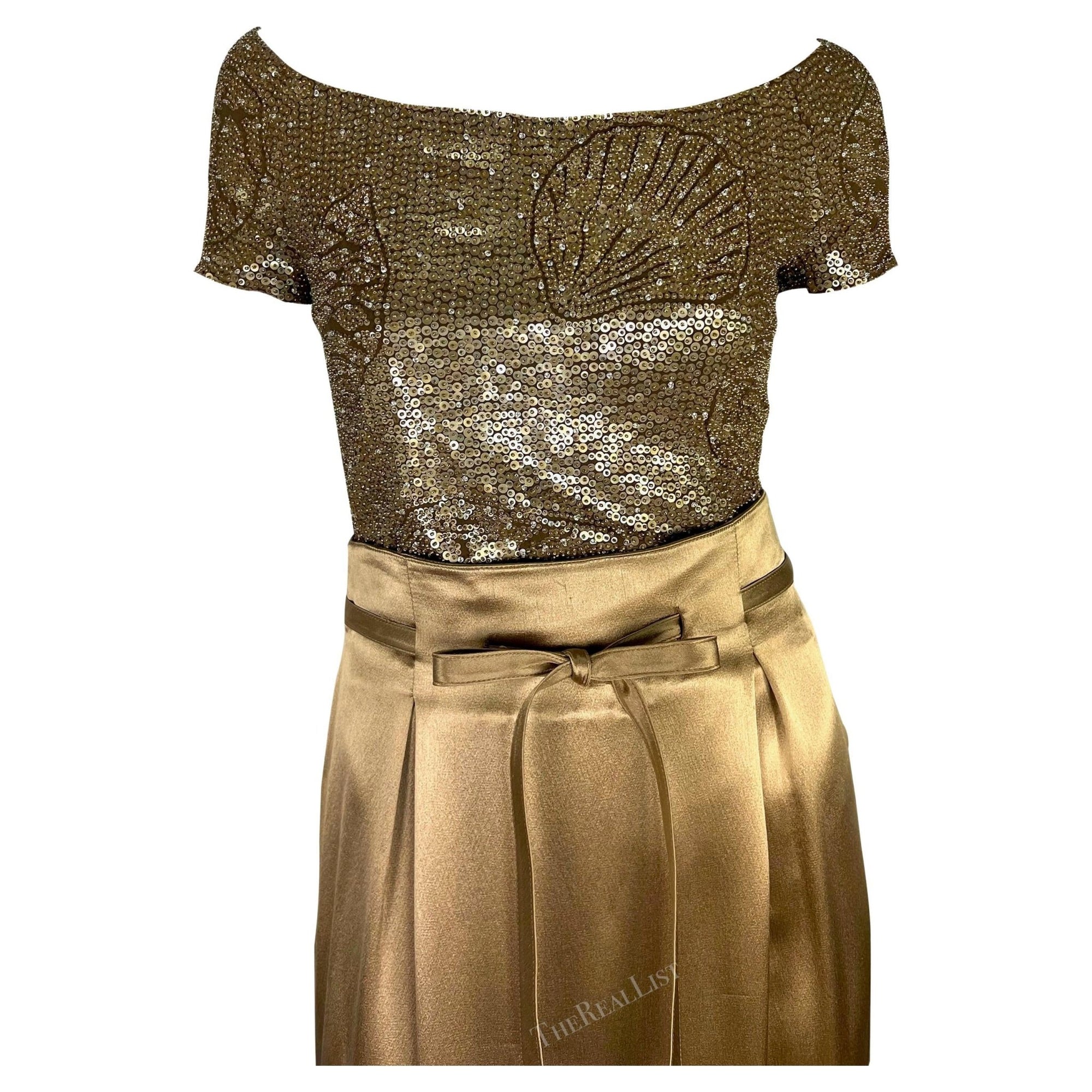 S/S 1996 Valentino Garavani Runway Beaded Sequin Shell Bodysuit Satin Skirt Set - RealList